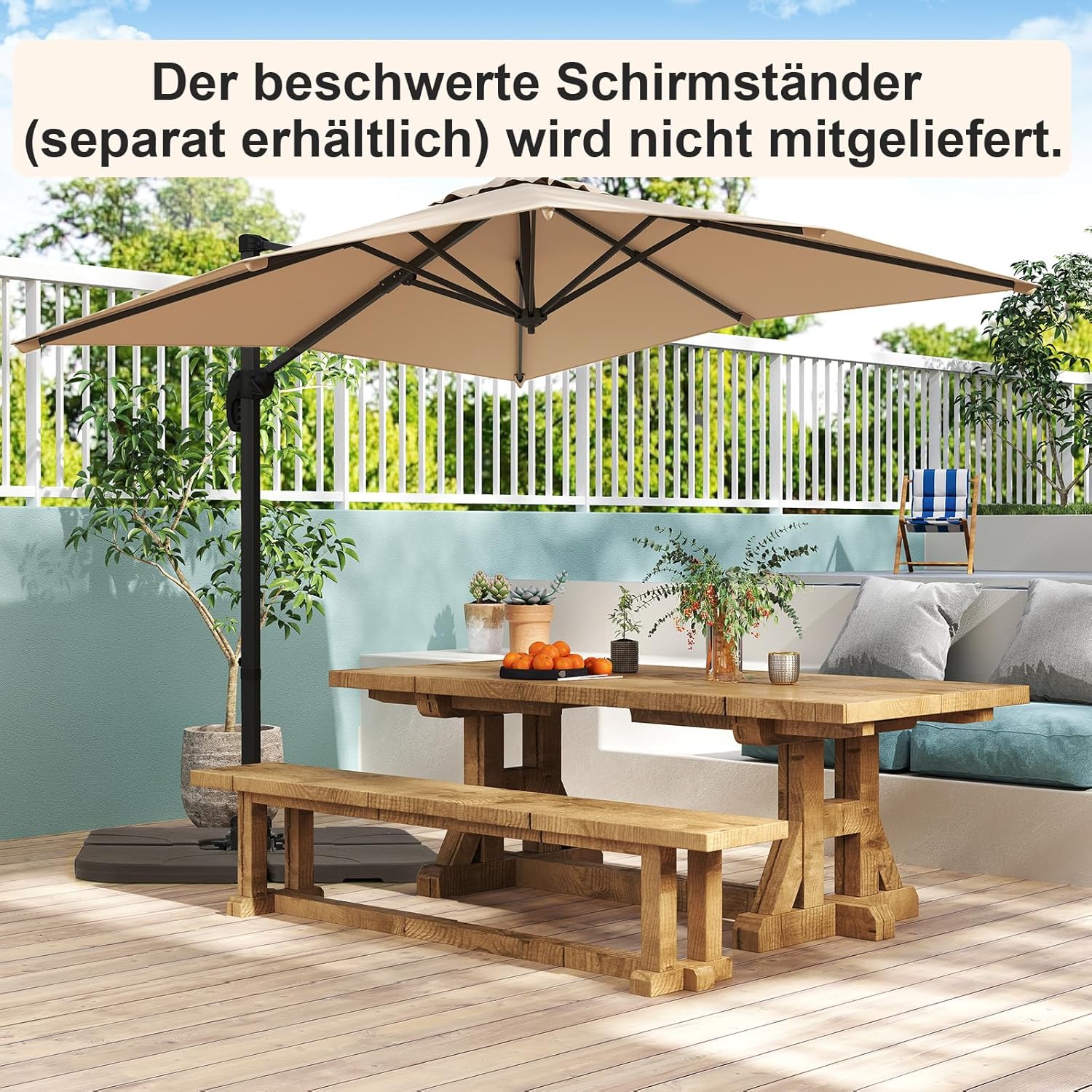 COSTWAY Parasol przeciwsłoneczny, prostokątny, 300 x 300 cm, duży parasol przeciwsłoneczny z korbą, parasol ogrodowy, odchylany o 360°, parasol tarasowy, do ogrodu, na taras, balkon (czarny)