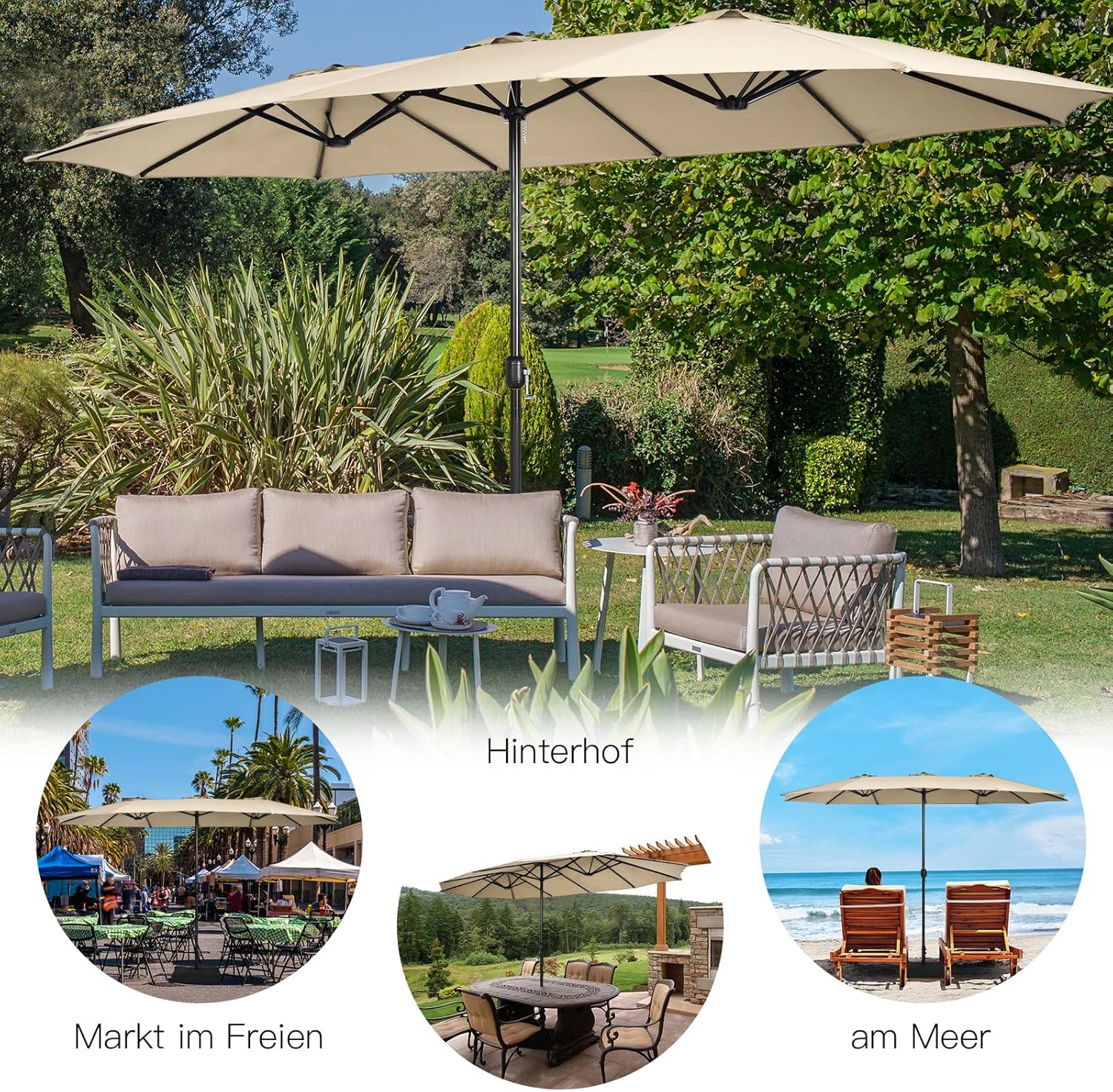 COSTWAY Parasol przeciwsłoneczny, prostokątny, 300 x 300 cm, duży parasol przeciwsłoneczny z korbą, parasol ogrodowy, odchylany o 360°, parasol tarasowy, do ogrodu, na taras, balkon (czarny)