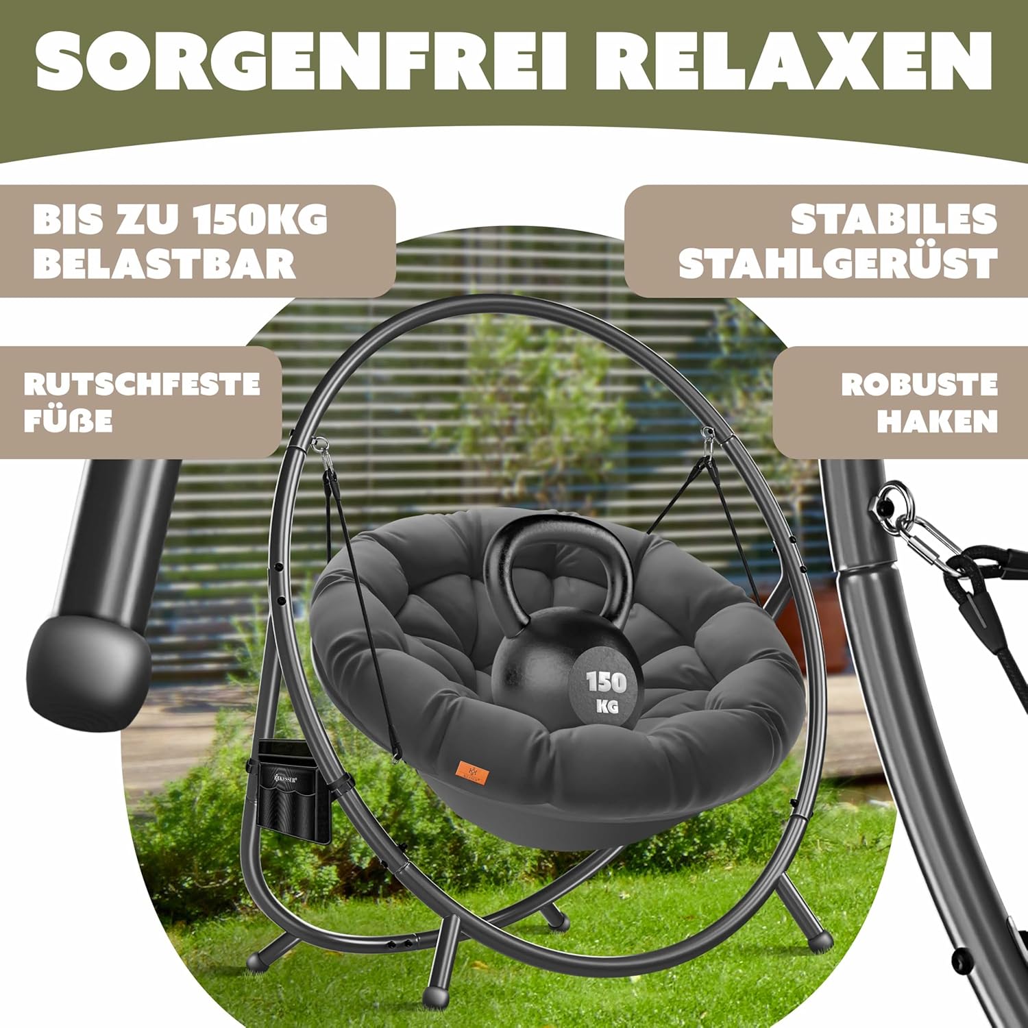 KESSER® Fotel wiszący ze stalowym stelażem, huśtawka, do 150 kg, do użytku wewnątrz i na zewnątrz, z poduszką i kieszenią boczną, kosz wiszący, piankowa poduszka, idealny do salonu i ogrodu