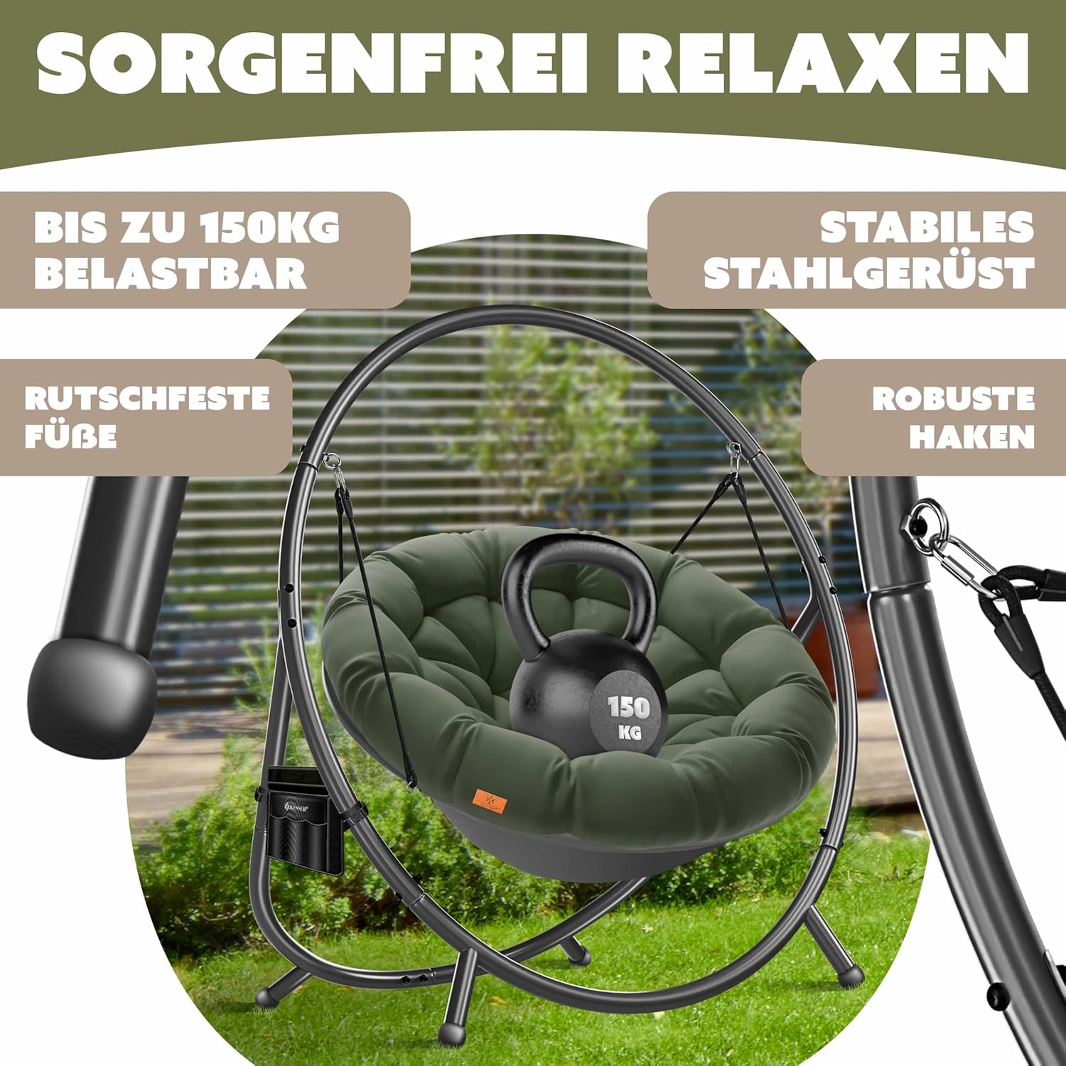 KESSER® Fotel wiszący ze stalowym stelażem, huśtawka, do 150 kg, do użytku wewnątrz i na zewnątrz, z poduszką i kieszenią boczną, kosz wiszący, piankowa poduszka, idealny do salonu i ogrodu