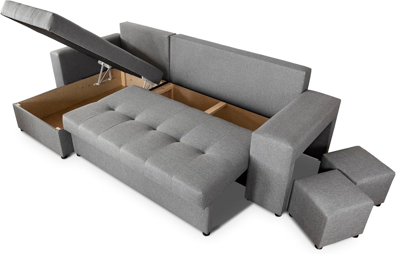 NAWSTOL - Sofa narożna Leon z funkcją spania i skrzynią na pościel – nowoczesna sofa do salonu – możliwość montażu z lewej lub prawej strony (szara + biała sztuczna skóra)