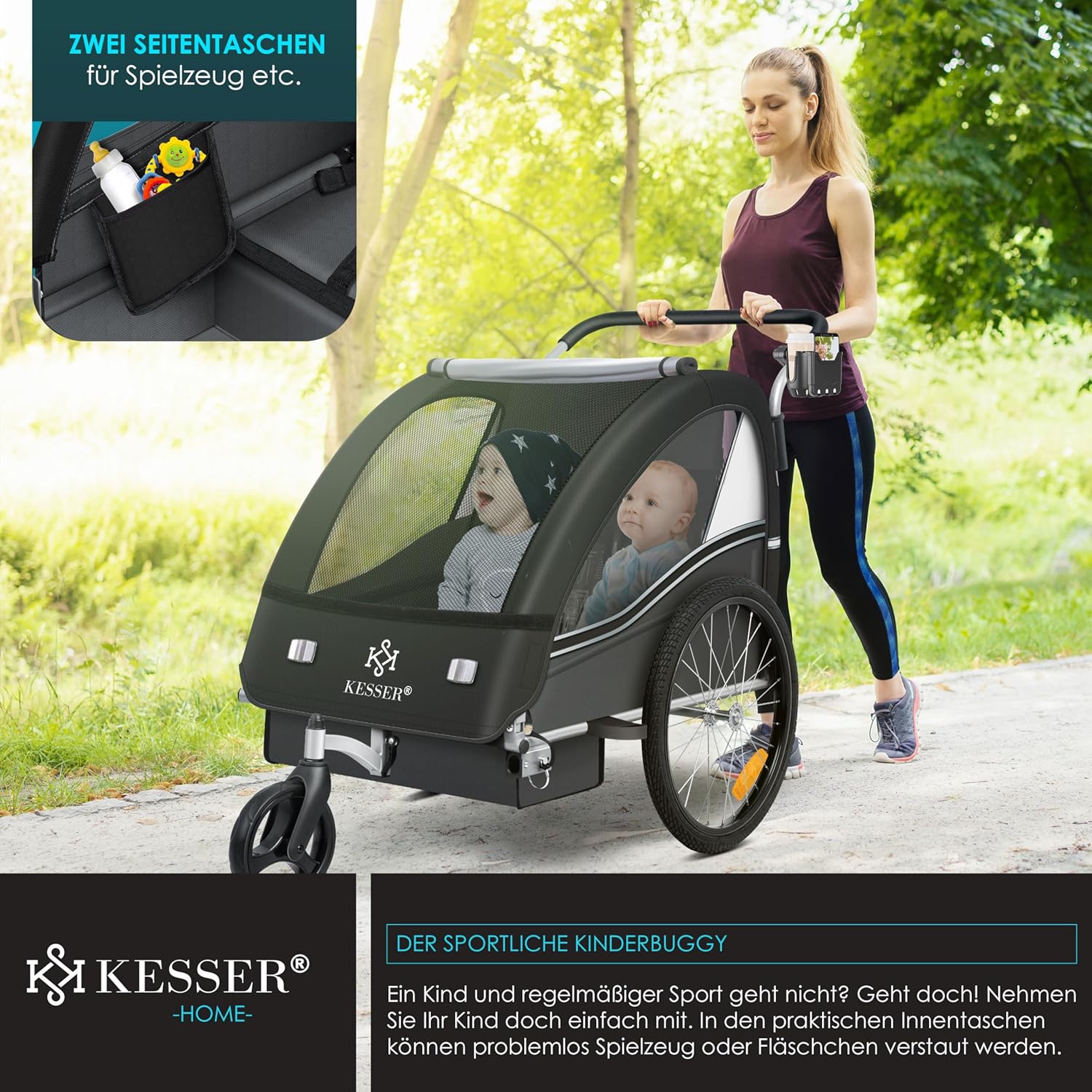 KESSER® Przyczepka rowerowa dla dzieci Sport-RX 2w1 z funkcją jazdy Przyczepka rowerowa dla dzieci + 5-punktowy pas bezpieczeństwa 360°
