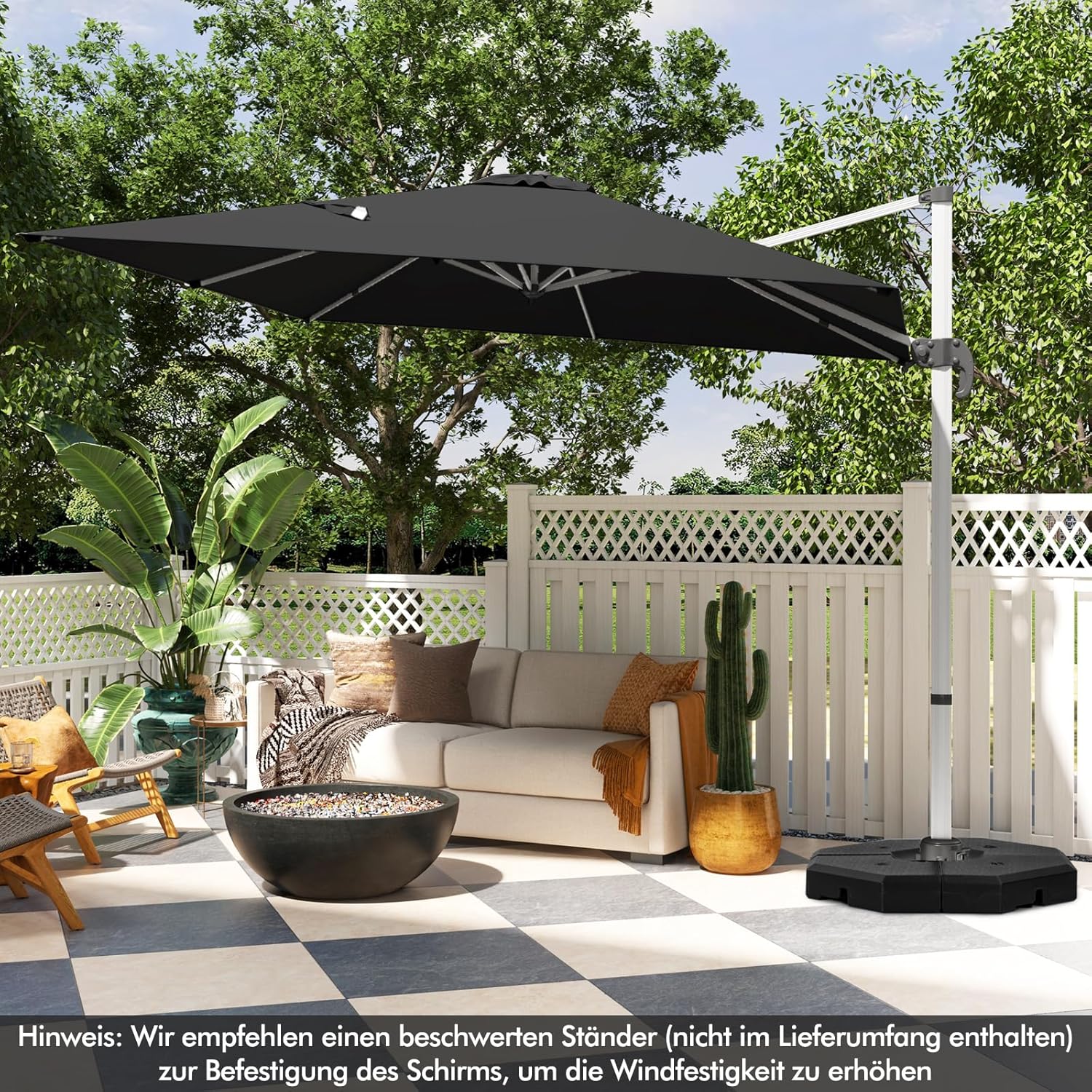 COSTWAY Parasol przeciwsłoneczny, prostokątny, 300 x 300 cm, duży parasol przeciwsłoneczny z korbą, parasol ogrodowy, odchylany o 360°, parasol tarasowy, do ogrodu, na taras, balkon (czarny)