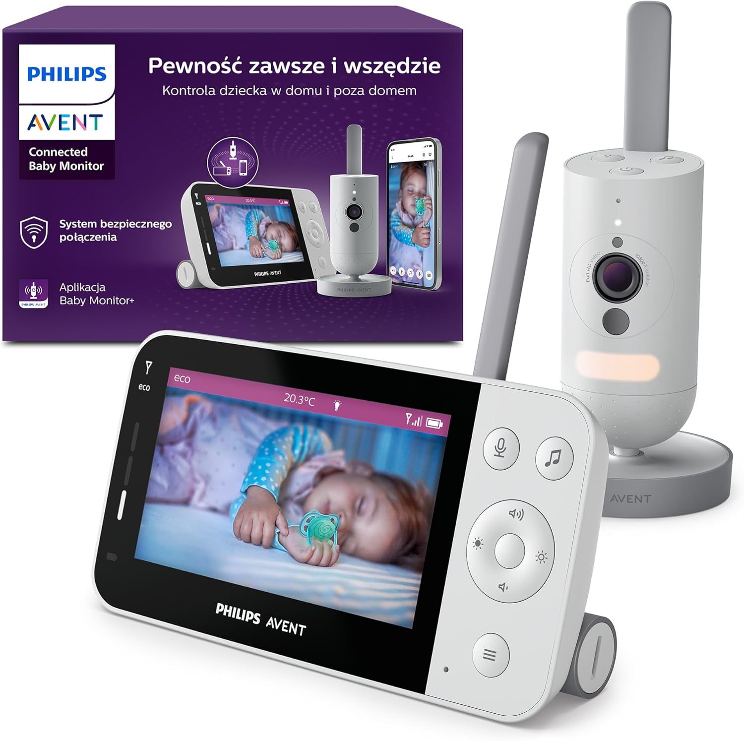 Philips AVENT Elektroniczna niania z łącznością Wi-Fi, wysokiej jakości kamerą HD, funkcją noktowizora, dwukierunkowym dźwiękiem i czasem pracy ekranu 12 godzin w trybie Eco, SCD951/26