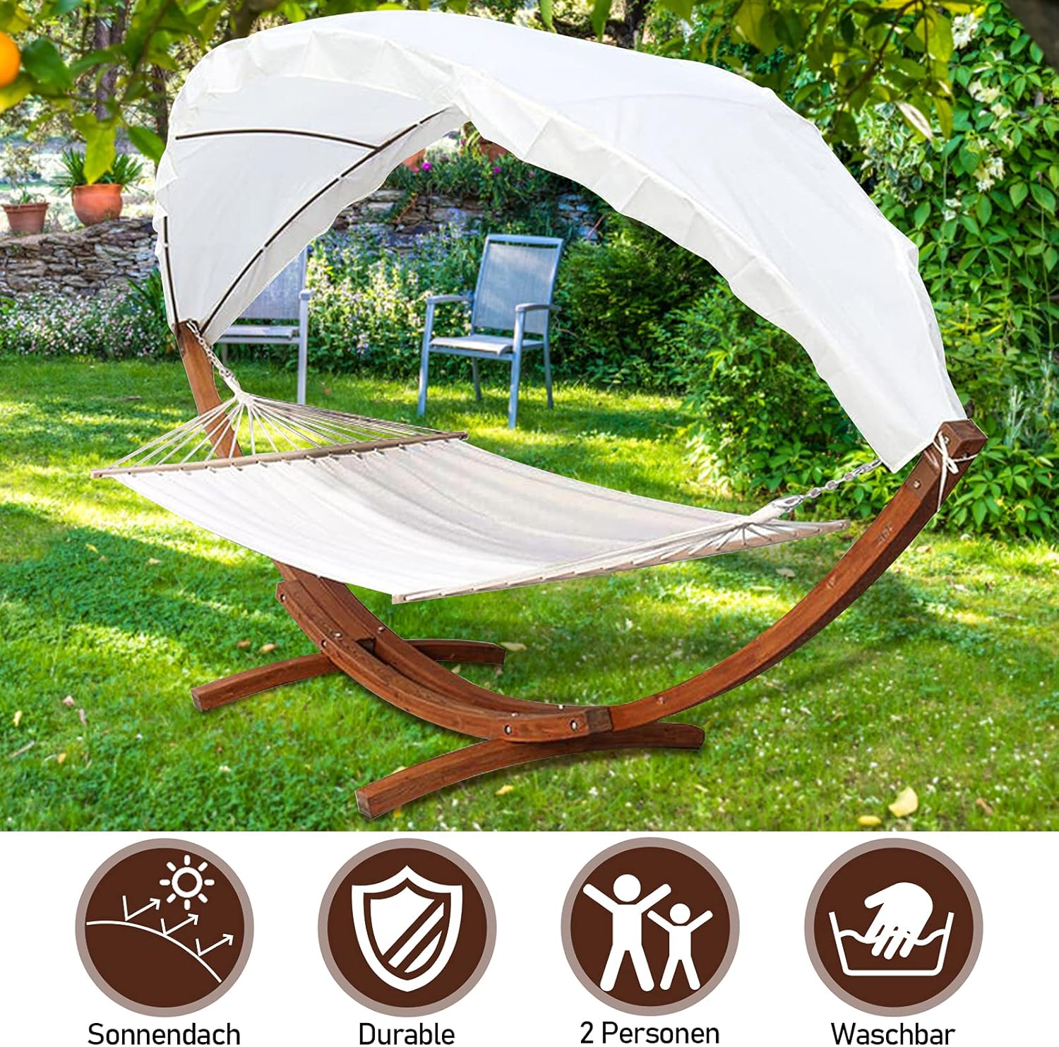 Tubiaz Hamaki ze stelażem, do użytku na zewnątrz, drewniane, 200 x 150 cm, hamak z dachem, nośność 200 kg, na kemping, do ogrodu, na plażę, balkon, fotel wiszący dla 2 osób