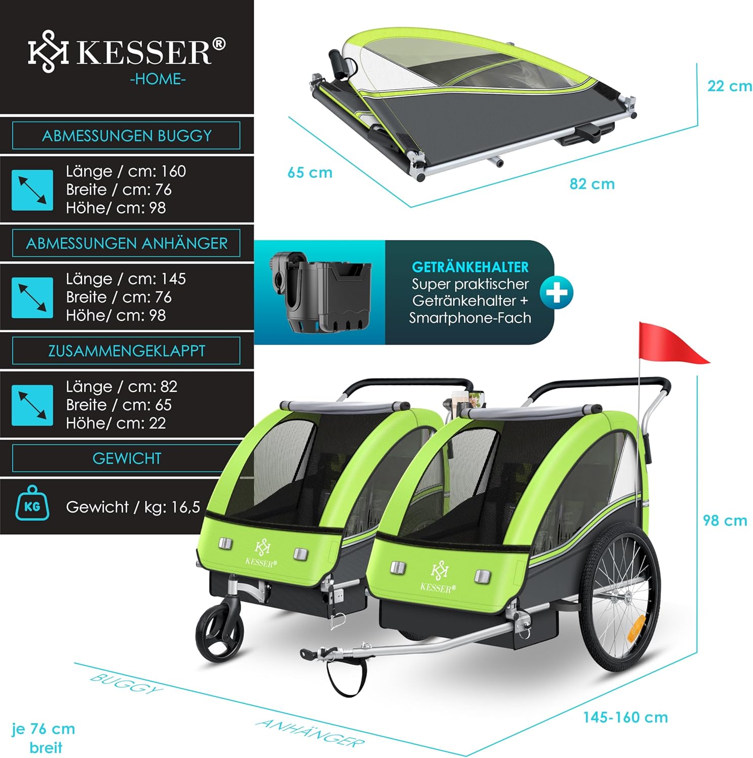 KESSER® Przyczepka rowerowa dla dzieci Sport-RX 2w1 z funkcją jazdy Przyczepka rowerowa dla dzieci + 5-punktowy pas bezpieczeństwa 360°
