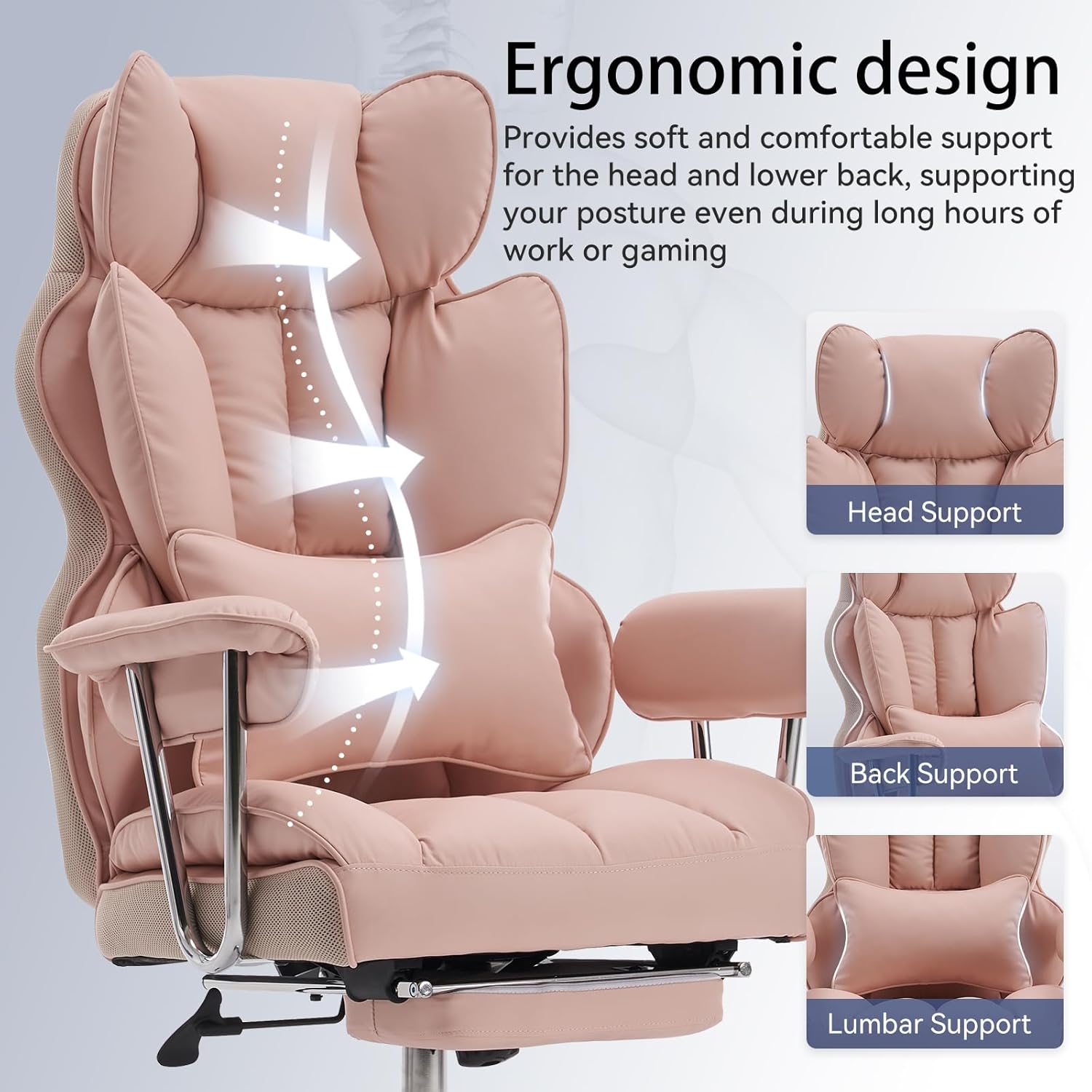 Efomao ergonomiczny fotel biurowy, krzesło kierownicze z PU skóry, fotel biurowy do 200 kg z podnóżkiem i podpórką lędźwiową, regulowane krzesło z wysokim oparciem