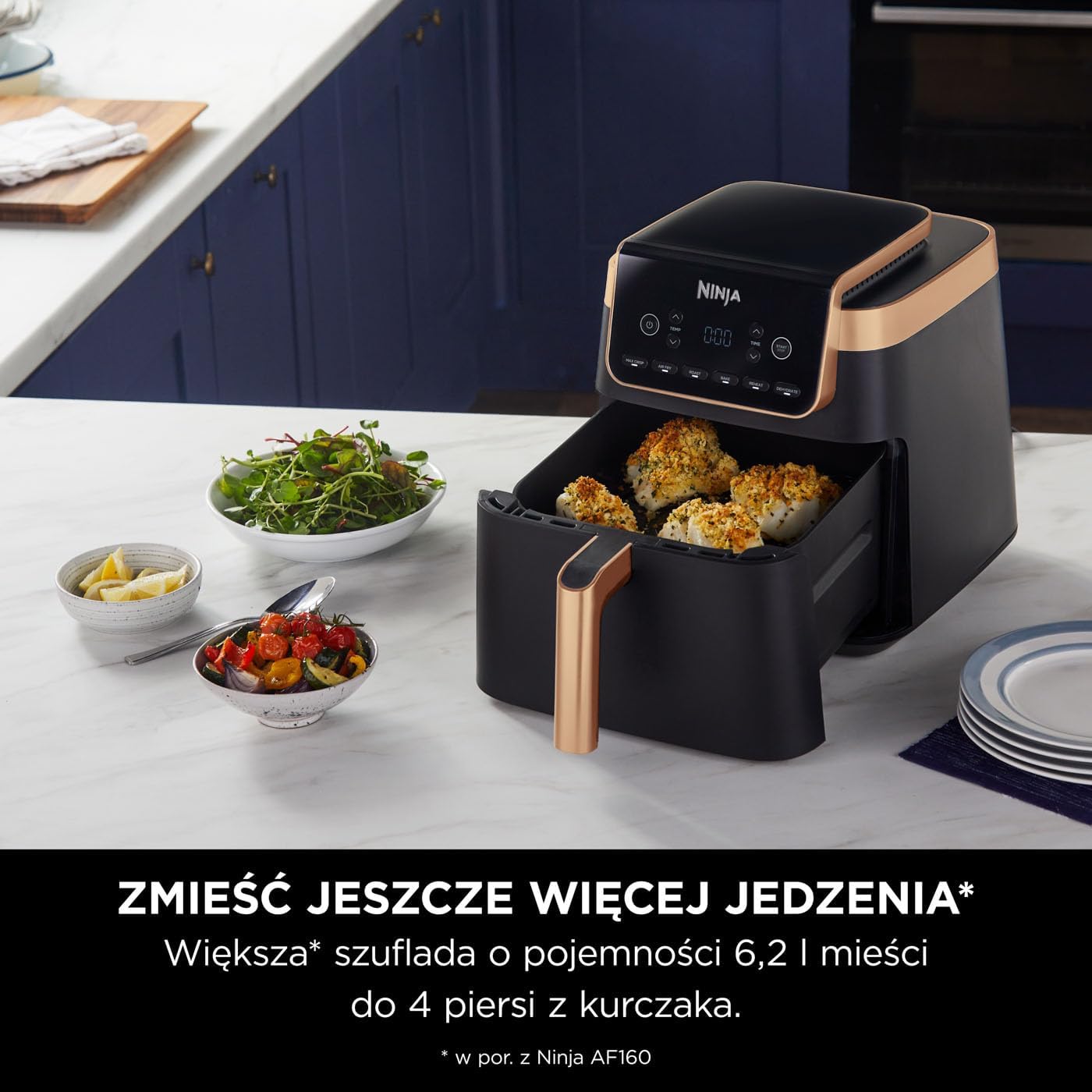 Ninja Foodi MAX Dual Zone Frytkownica beztłuszczowa z 2 szufladami, 9,5 l, kosz nieprzywierający nadaje sie do zmywarki, na 8 porcji, miedziano/czarna, 6 w 1, amazon exclusive, AF400EUCP
