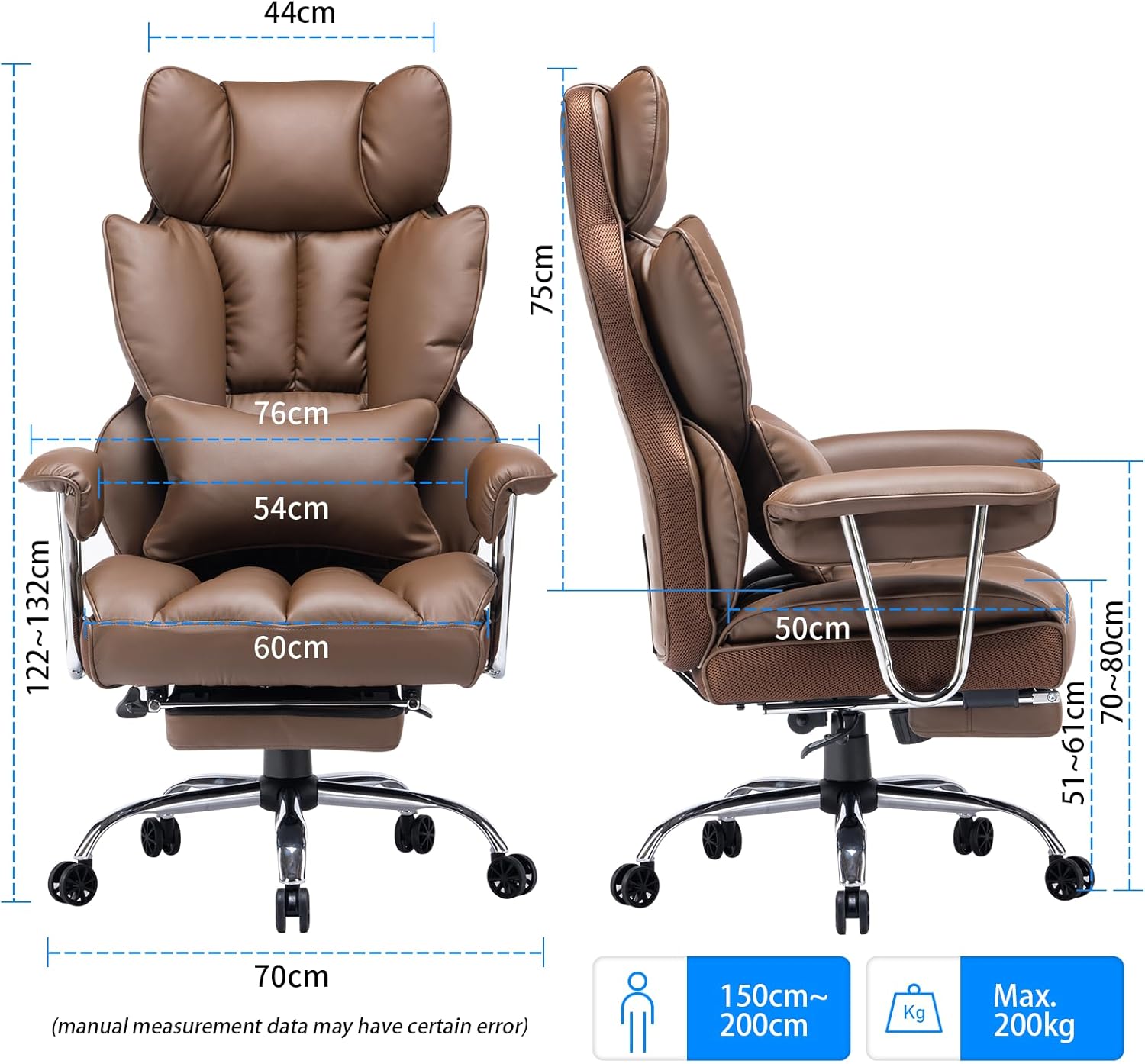 Efomao ergonomiczny fotel biurowy, krzesło kierownicze z PU skóry, fotel biurowy do 200 kg z podnóżkiem i podpórką lędźwiową, regulowane krzesło z wysokim oparciem