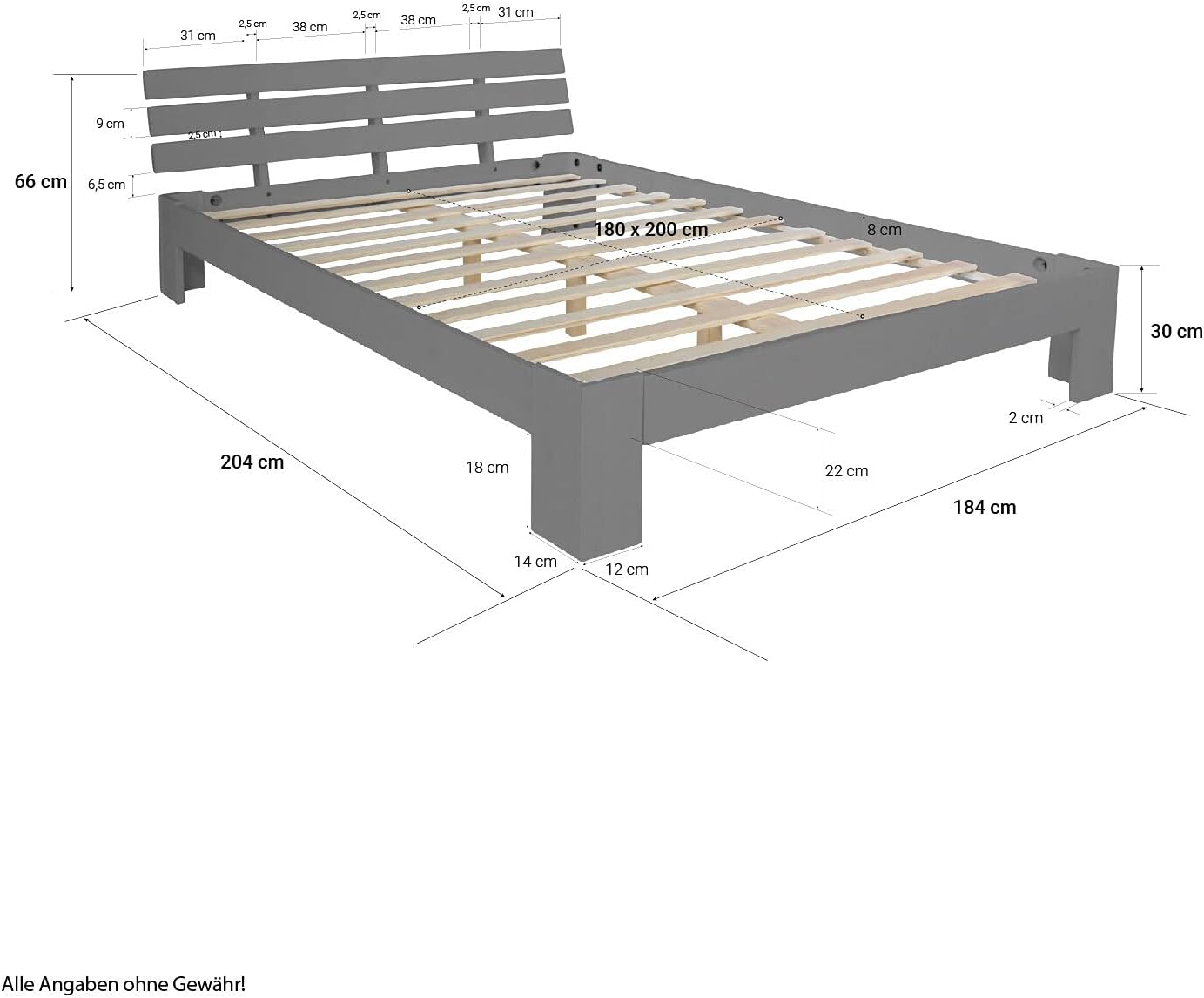 Homestyle4u 1836 Łóżko z litego drewna sosnowego, 180 x 200 cm, z stelażem z białymi listwami, łóżko podwójne 180 x 200 cm