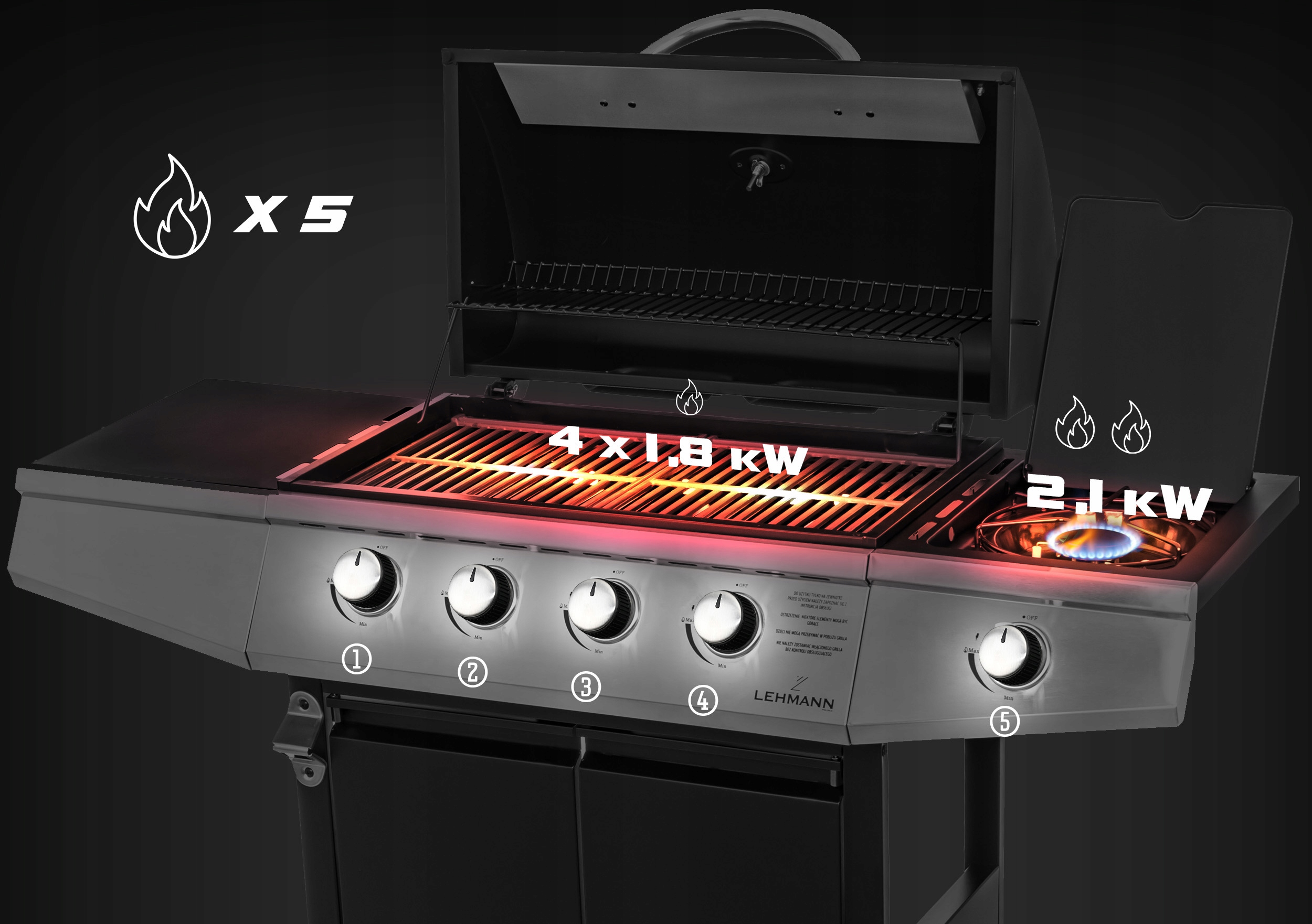 GRILL GAZOWY OGRODOWY ŻELIWNY RUSZT NIERDZEWNY LEHMANN OHIO 4+1 POKROWIEC