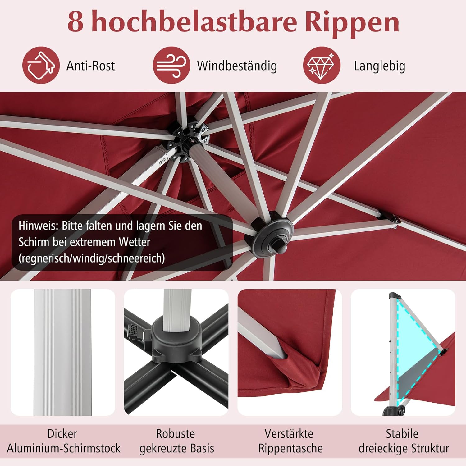 COSTWAY Parasol przeciwsłoneczny, prostokątny, 300 x 300 cm, duży parasol przeciwsłoneczny z korbą, parasol ogrodowy, odchylany o 360°, parasol tarasowy, do ogrodu, na taras, balkon (czarny)