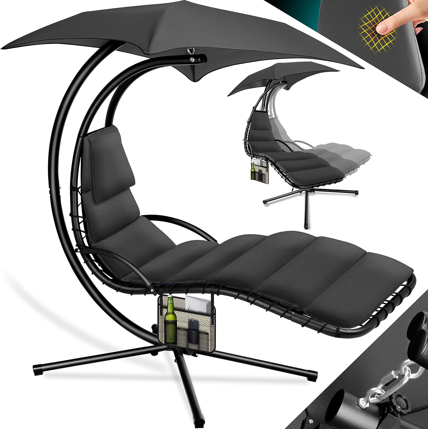 KESSER® Leżak wiszący z parasolem przeciwsłonecznym, wys. 200, dł. 194, szer. 100 cm, leżak relaksacyjny, hamak, obciążenie do 120 kg, leżanka bujana, poduszka na kark, w zestawie torba, Beżowy