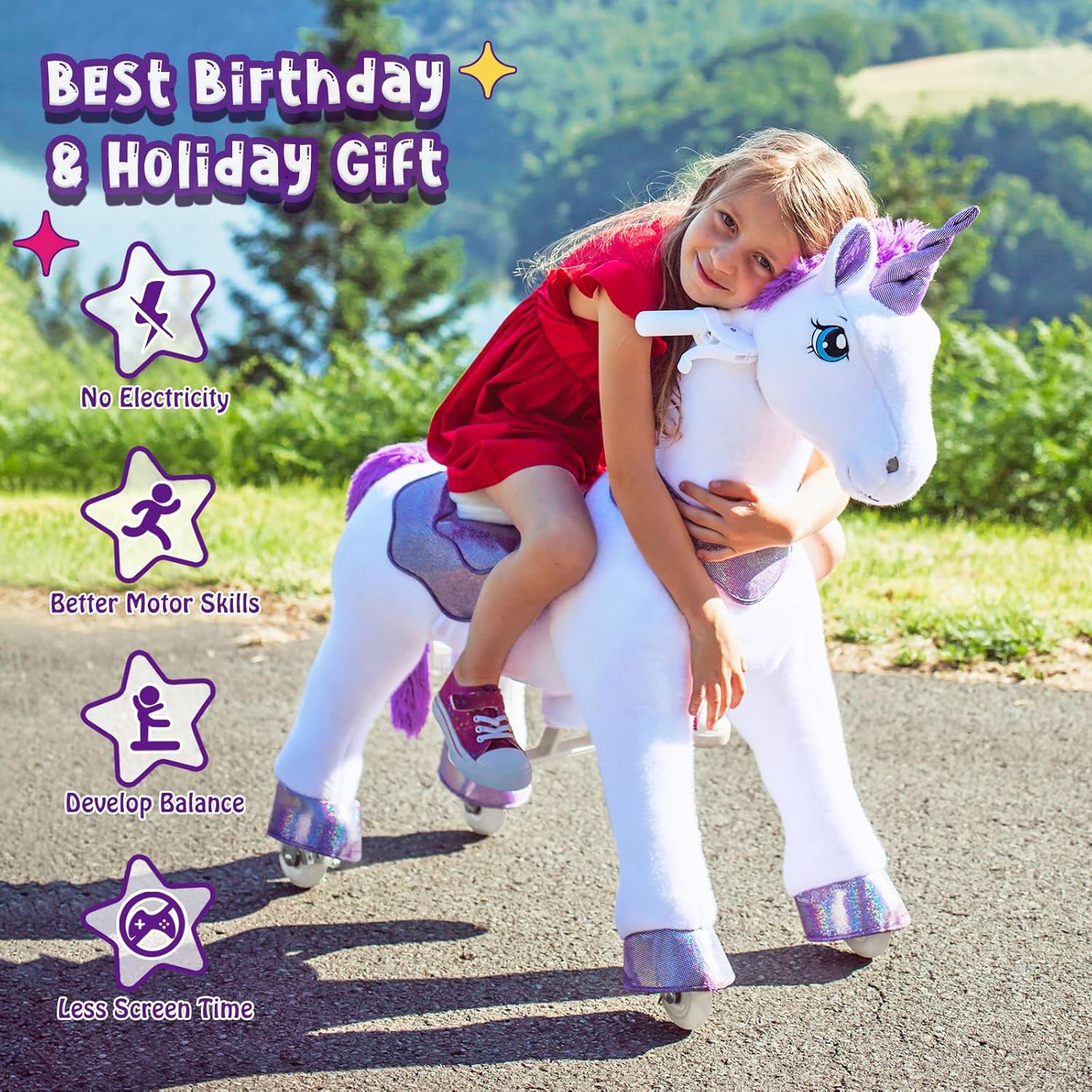 PonyCycle 2023 Nowy Model E Jednorożec do Jazdy na Mechanicznym Chodzącym Jednorożcu z Hamulcem (Fioletowy/Rozmiar 4 dla Dzieci w Wieku 4-8 Lat) Hulajnoga dla Maluchów do Jazdy na Koniu - E413