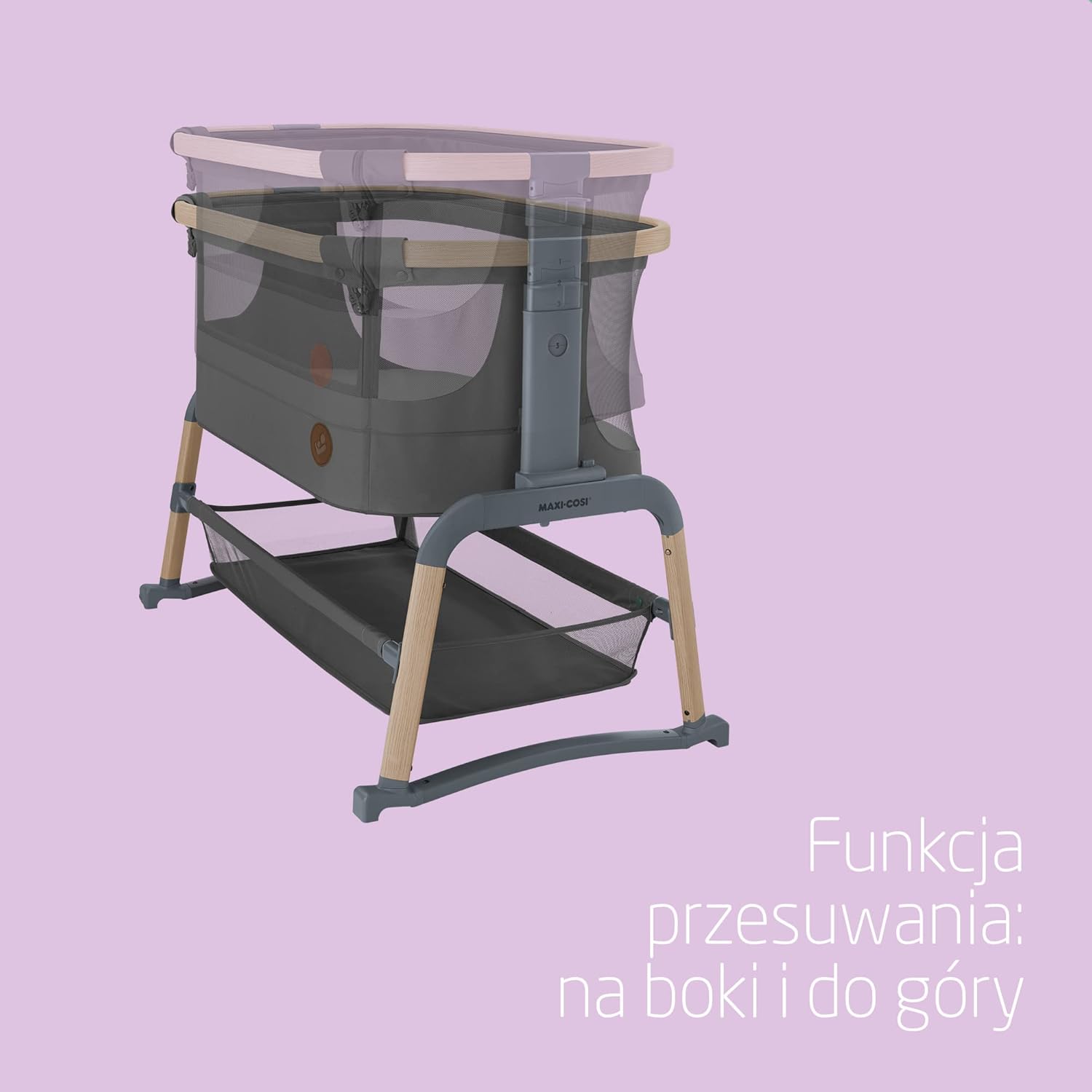 Maxi-Cosi Iora Air Łóżeczko Przystawka, Siatka do okoła, 0–6 mies., maks. 9 kg, Tryb bujania, 4 Poz. Odchylenia i 5 Wysokości, Łatwe Przesuwanie, Wygodny Materac, Łatwe Przenoszenie, Beyond Grey