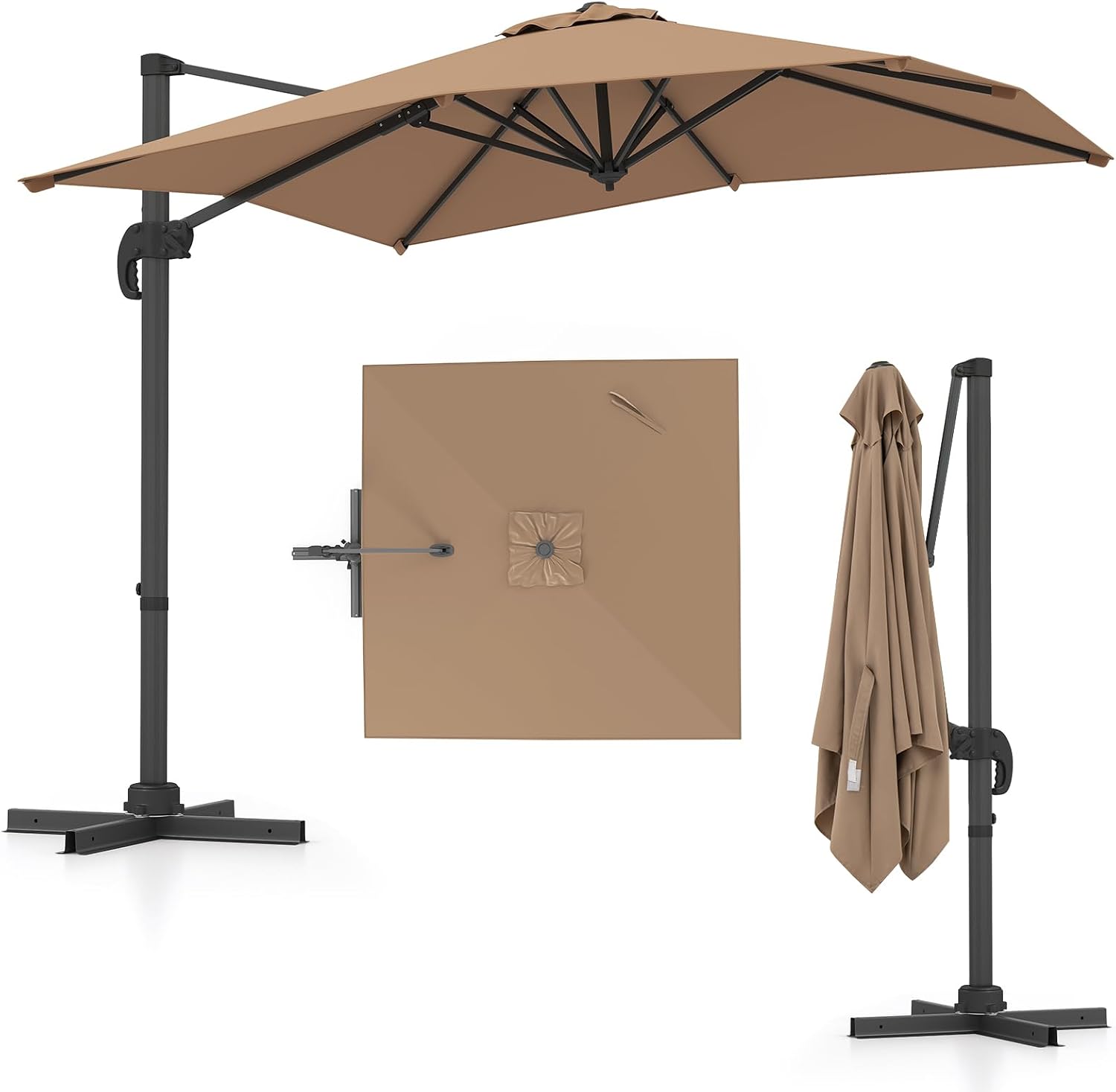 COSTWAY Parasol przeciwsłoneczny, prostokątny, 300 x 300 cm, duży parasol przeciwsłoneczny z korbą, parasol ogrodowy, odchylany o 360°, parasol tarasowy, do ogrodu, na taras, balkon (czarny)