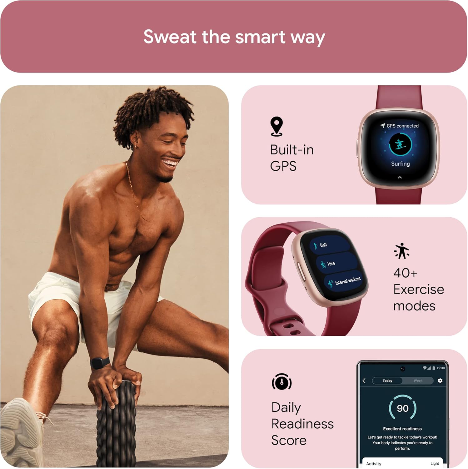 Fitbit Versa 4: Smartwatch aktywnosci fitness z wbudowanym systemem GPS, oraz z żywotnością baterii aż do 6 dni. Kompantybilny z systemem iOS & Android