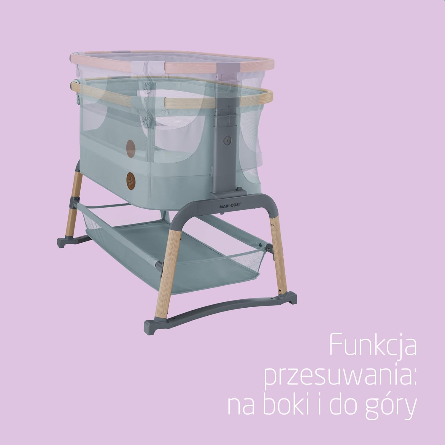 Maxi-Cosi Iora Air Łóżeczko Przystawka, Siatka do okoła, 0–6 mies., maks. 9 kg, Tryb bujania, 4 Poz. Odchylenia i 5 Wysokości, Łatwe Przesuwanie, Wygodny Materac, Łatwe Przenoszenie, Beyond Grey