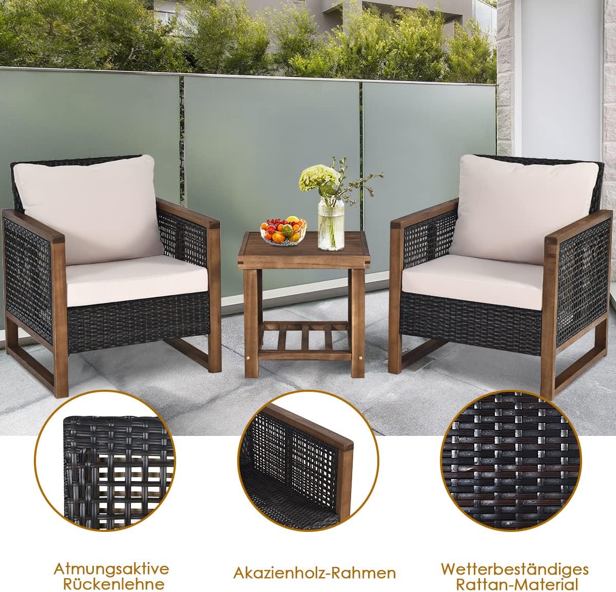 COSTWAY 3-częściowy zestaw mebli ogrodowych z drewna akacjowego, 2 fotele rattanowe i stolik pomocniczy, zestaw mebli do siedzenia z poduszkami pod plecy i poduszkami do siedzenia, zestaw do siedzenia