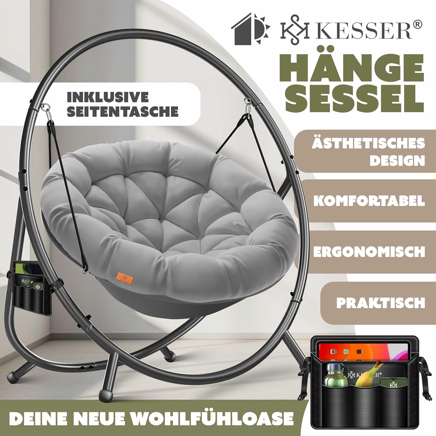 KESSER® Fotel wiszący ze stalowym stelażem, huśtawka, do 150 kg, do użytku wewnątrz i na zewnątrz, z poduszką i kieszenią boczną, kosz wiszący, piankowa poduszka, idealny do salonu i ogrodu