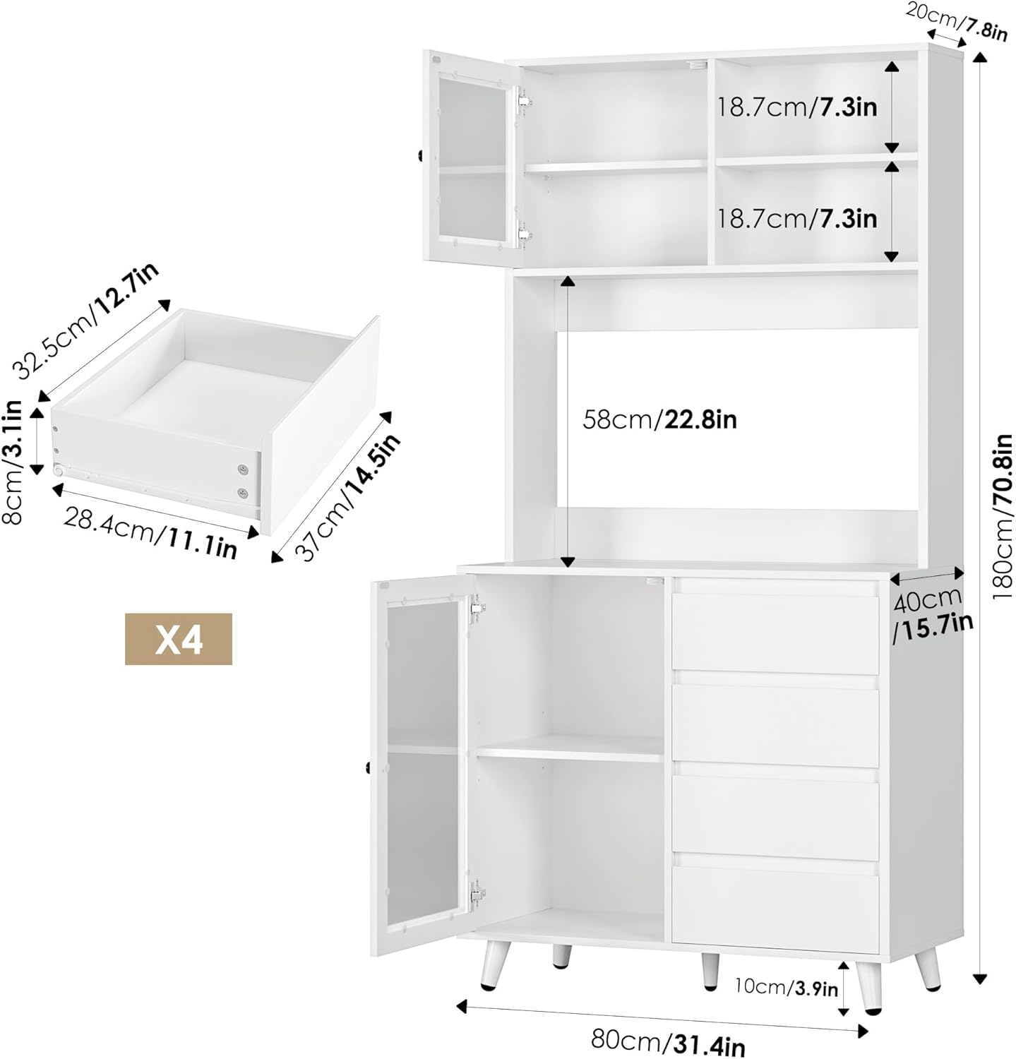 FOREHILL Szafka kuchenna, wysoka szafka, szafka bufetowa ze szklanymi drzwiami, blat roboczy, 4 szuflady, uniwersalna szafka do kuchni, jadalni, salonu, 80 x 40 x 180 cm, biała, M172