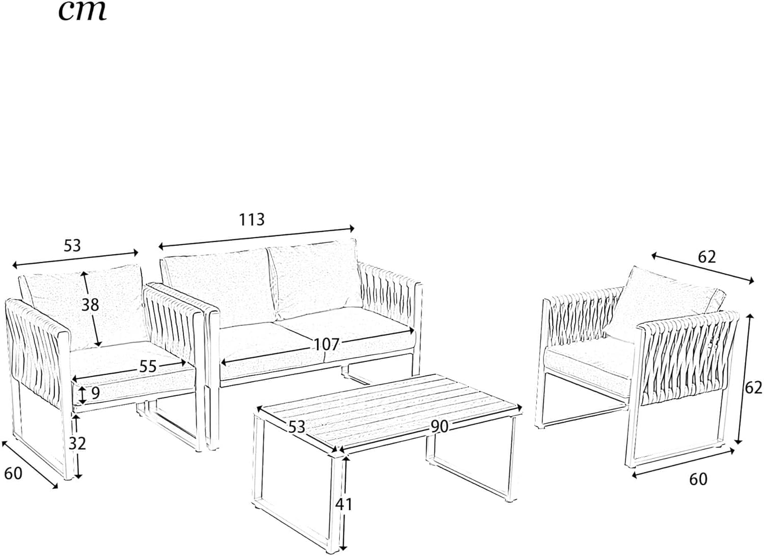 HYUB Zestaw mebli ogrodowych, meble wypoczynkowe do użytku na zewnątrz z podwójną sofą i 2 pojedynczymi sofami, zestaw wypoczynkowy do użytku na zewnątrz ze stolikiem kawowym i poduszkami do