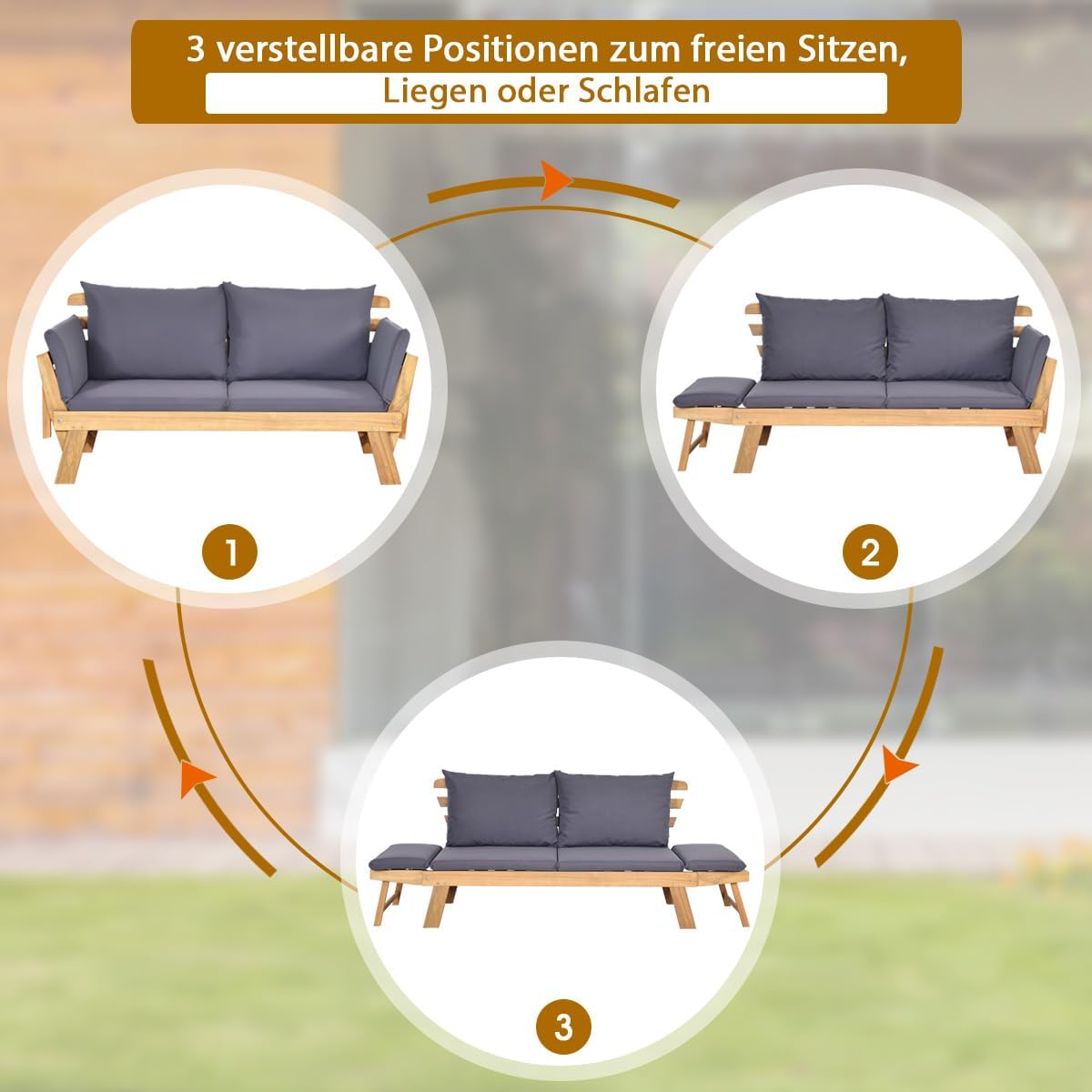 COSTWAY Ławka ogrodowa z funkcją leżenia, sofa ogrodowa z poduszkami i składanym podłokietnikiem, ławka balkonowa z drewna akacjowego, sofa balkonowa, sofa ogrodowa do ogrodu, na taras, balkon, 198 x