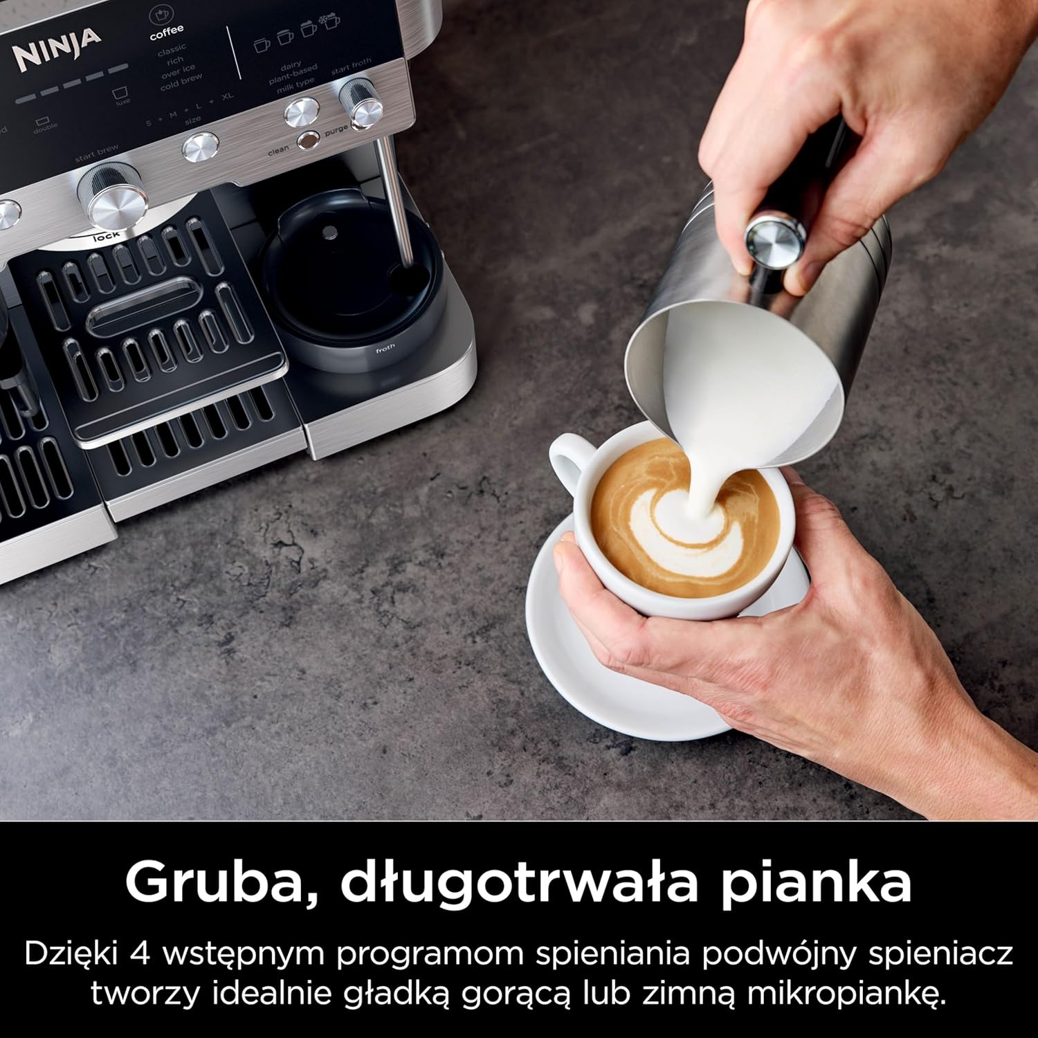 Ninja Luxe Premier Ekspres do kawy 3 w 1, latte, cappuccino, cold brew, espresso, wbudowany młynek i spieniacz do mleka, łatwy w obsłudze, 4 automatyczne ustawienia spieniania, srebrny, ES601EU