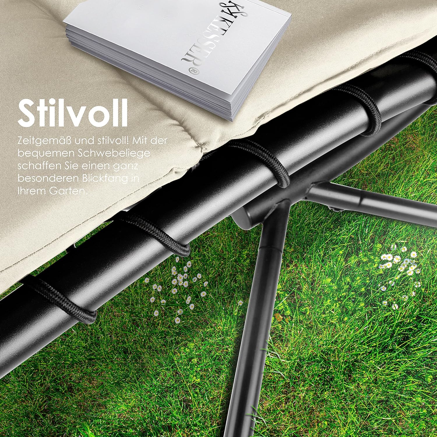 KESSER® Leżak wiszący z parasolem przeciwsłonecznym, wys. 200, dł. 194, szer. 100 cm, leżak relaksacyjny, hamak, obciążenie do 120 kg, leżanka bujana, poduszka na kark, w zestawie torba, Beżowy