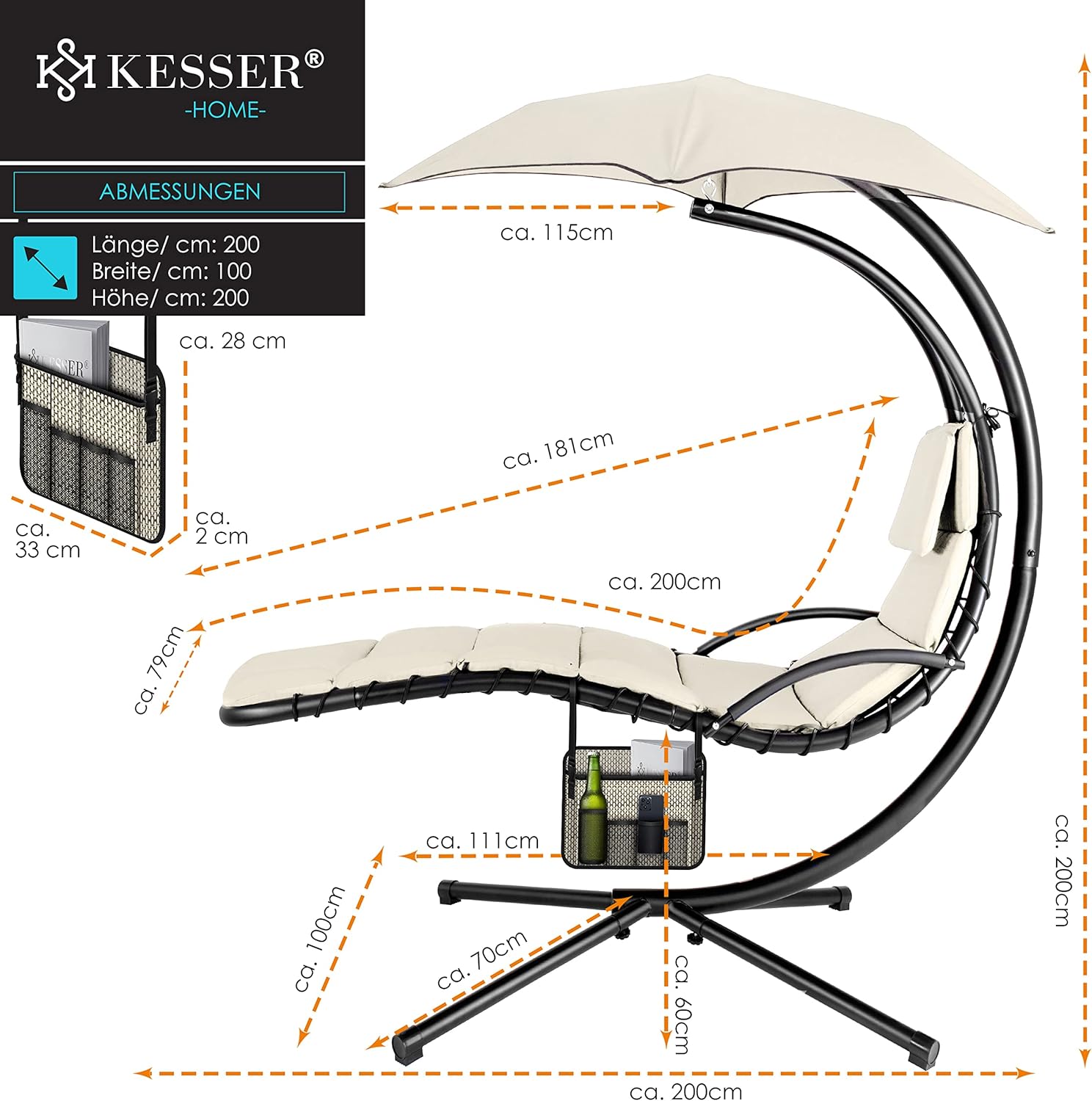 KESSER® Leżak wiszący z parasolem przeciwsłonecznym, wys. 200, dł. 194, szer. 100 cm, leżak relaksacyjny, hamak, obciążenie do 120 kg, leżanka bujana, poduszka na kark, w zestawie torba, Beżowy