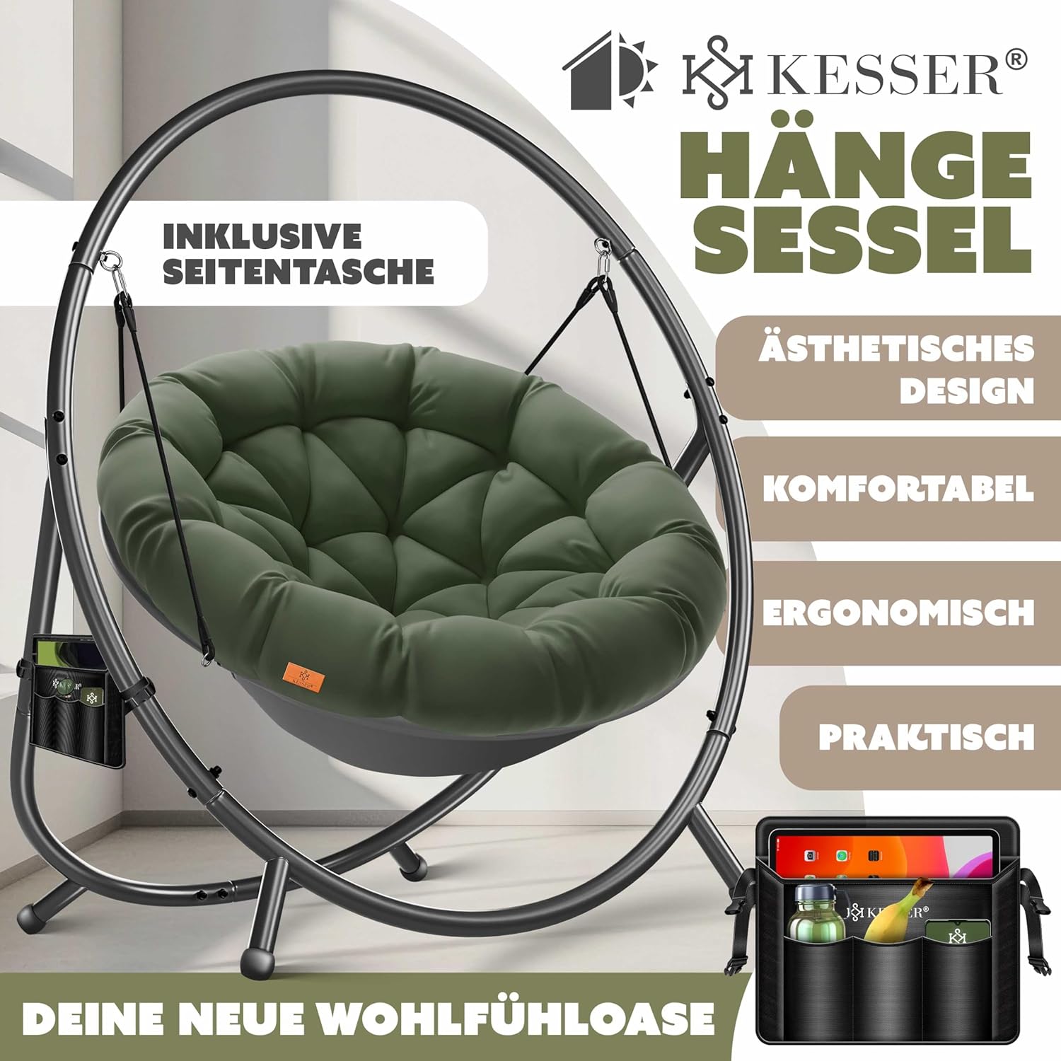 KESSER® Fotel wiszący ze stalowym stelażem, huśtawka, do 150 kg, do użytku wewnątrz i na zewnątrz, z poduszką i kieszenią boczną, kosz wiszący, piankowa poduszka, idealny do salonu i ogrodu