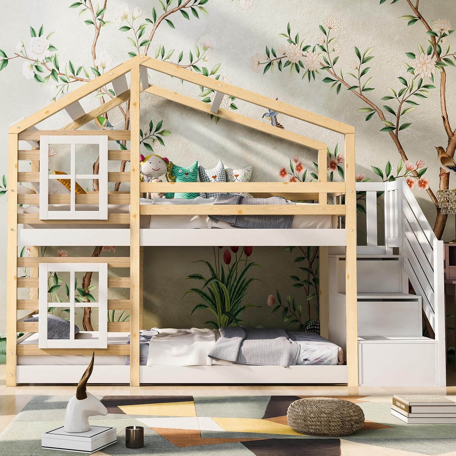 Dolamaní Łóżko domowe 90 x 200 cm ze schodami, łóżko piętrowe 90 x 200 cm, łóżko piętrowe z szufladą i zabezpieczeniem przed wypadnięciem, łóżko pojedyncze dla dzieci, 2 stelaże z listew, kolor