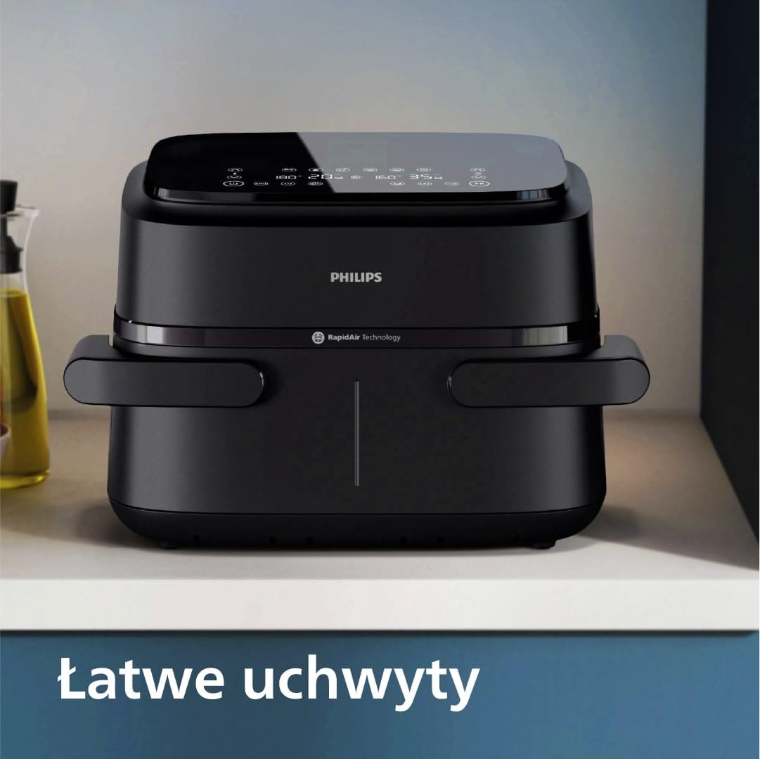 Philips Airfryer 5000 Serii Dual Basket z Technologią Air Steam oraz RapidAir Plus - pojemność 9L, 19 sposobów gotowania, 90% mniej tłuszczu, 2 kosze, czyszczenie parą, akcesoria (NA550/00)