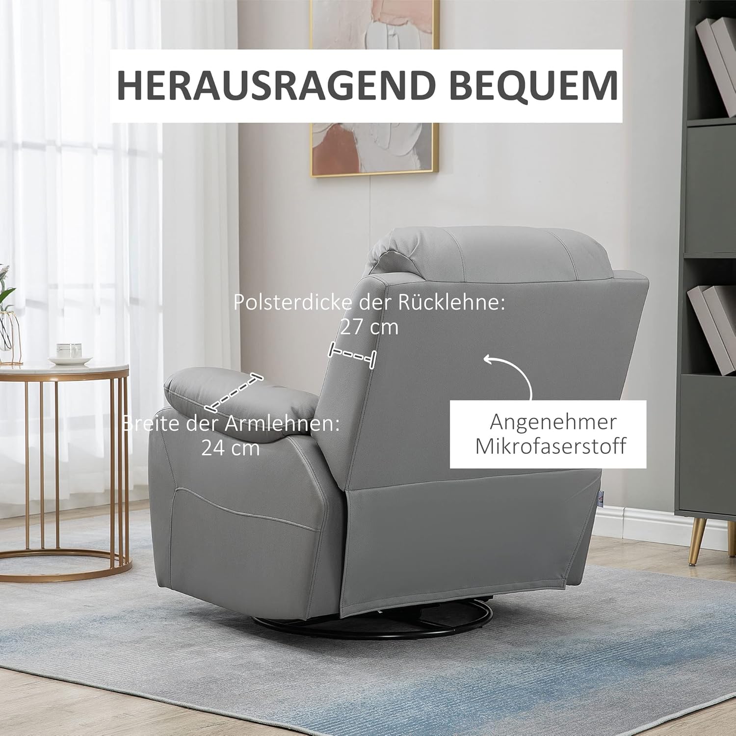 HOMCOM fotel rozkładany 135°, obrotowy fotel TV z podnóżkiem do sypialni w salonie, ładowność do 150 kg poliester zielony