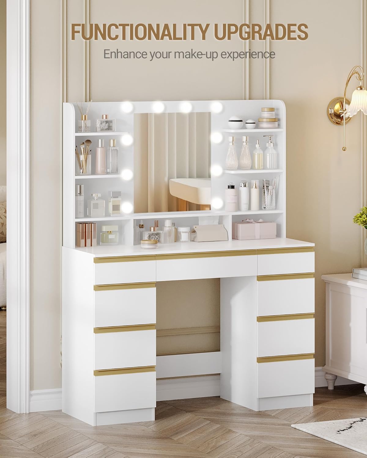 Hzuaneri Toaletka z 10 Kloszami Led, 3 Kolory, Regulowana Jasność, Duże Lustro Hd, 1 Duża Szuflada i 8 Małych Szuflad, 9 Otwartych Schowków, Biała DT35703X