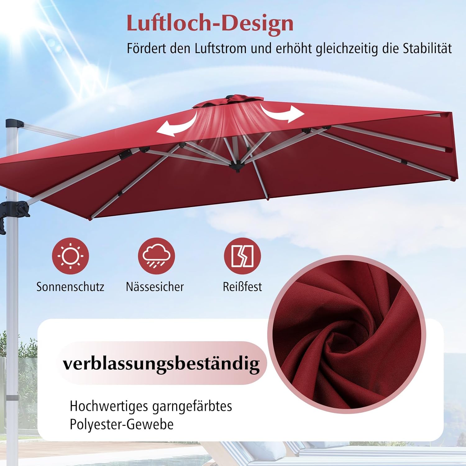 COSTWAY Parasol przeciwsłoneczny, prostokątny, 300 x 300 cm, duży parasol przeciwsłoneczny z korbą, parasol ogrodowy, odchylany o 360°, parasol tarasowy, do ogrodu, na taras, balkon (czarny)