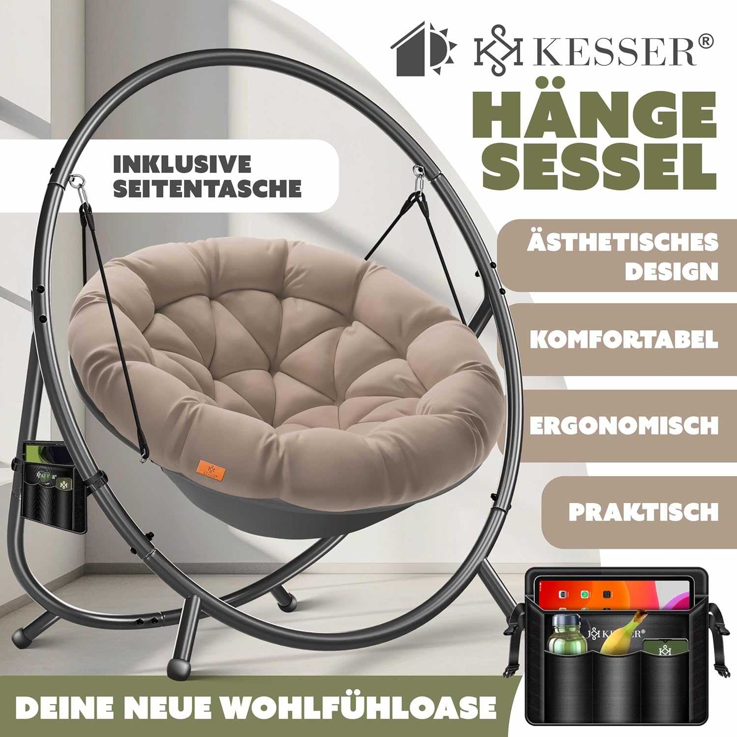 KESSER® Fotel wiszący ze stalowym stelażem, huśtawka, do 150 kg, do użytku wewnątrz i na zewnątrz, z poduszką i kieszenią boczną, kosz wiszący, piankowa poduszka, idealny do salonu i ogrodu