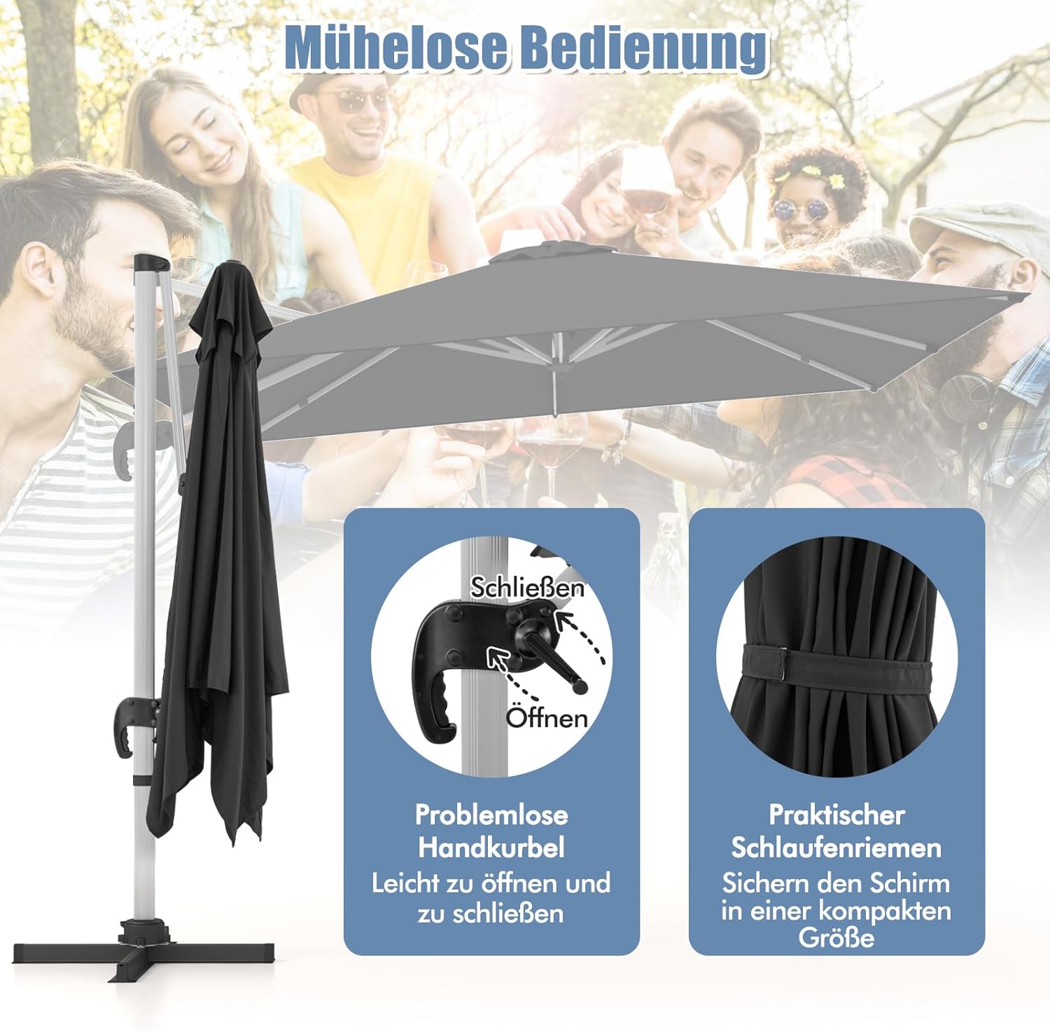 COSTWAY Parasol przeciwsłoneczny, prostokątny, 300 x 300 cm, duży parasol przeciwsłoneczny z korbą, parasol ogrodowy, odchylany o 360°, parasol tarasowy, do ogrodu, na taras, balkon (czarny)