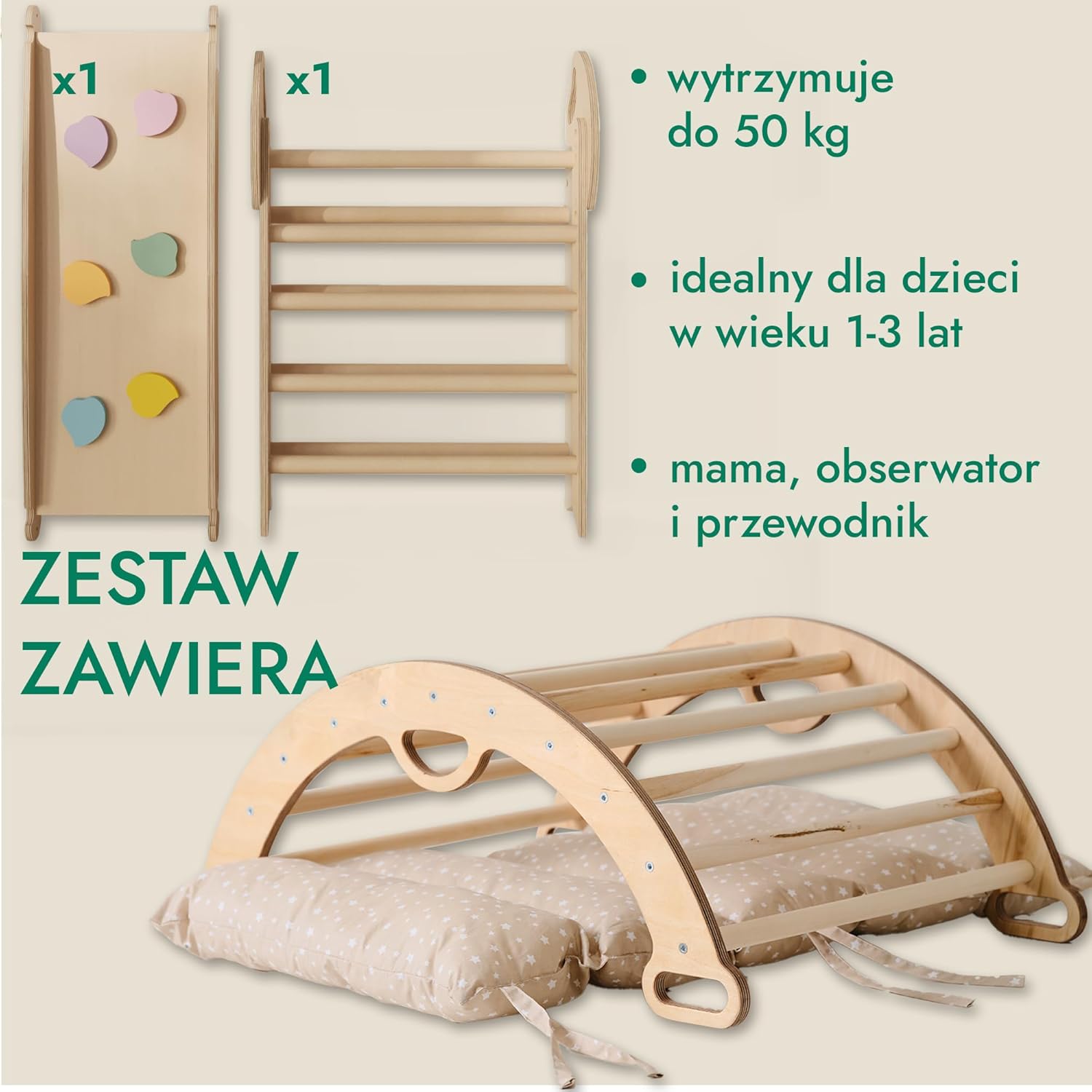 Zestaw wspinaczkowy 5 w 1 Montessori - drewniana siłownia z trójkątną drabinką i łukiem oraz rampą wspinaczkową, siatką i poduszką - rama wspinaczkowa dla maluchów w wieku 1-7 lat w rozmiarze XL