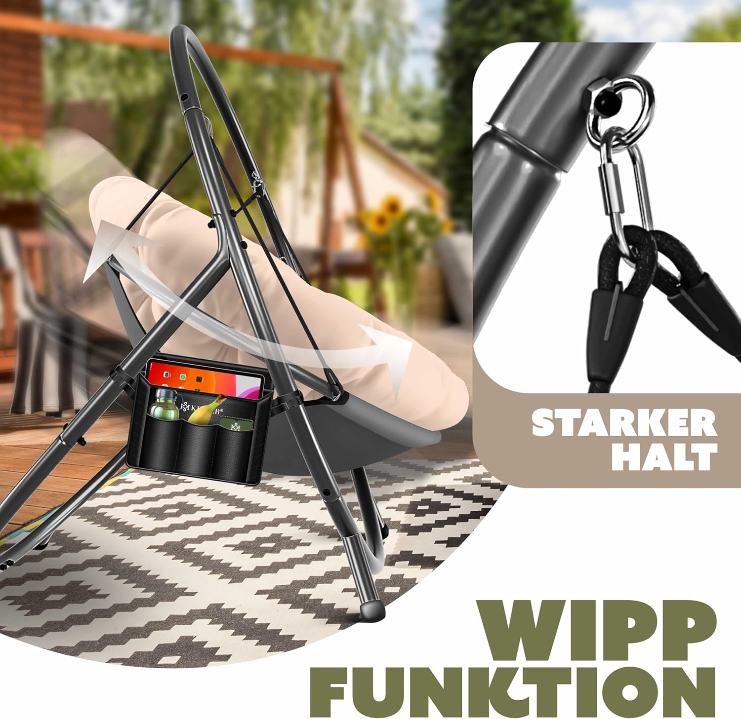 KESSER® Fotel wiszący ze stalowym stelażem, huśtawka, do 150 kg, do użytku wewnątrz i na zewnątrz, z poduszką i kieszenią boczną, kosz wiszący, piankowa poduszka, idealny do salonu i ogrodu