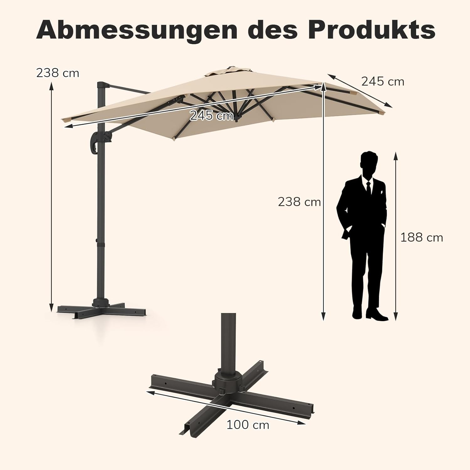 COSTWAY Parasol przeciwsłoneczny, prostokątny, 300 x 300 cm, duży parasol przeciwsłoneczny z korbą, parasol ogrodowy, odchylany o 360°, parasol tarasowy, do ogrodu, na taras, balkon (czarny)