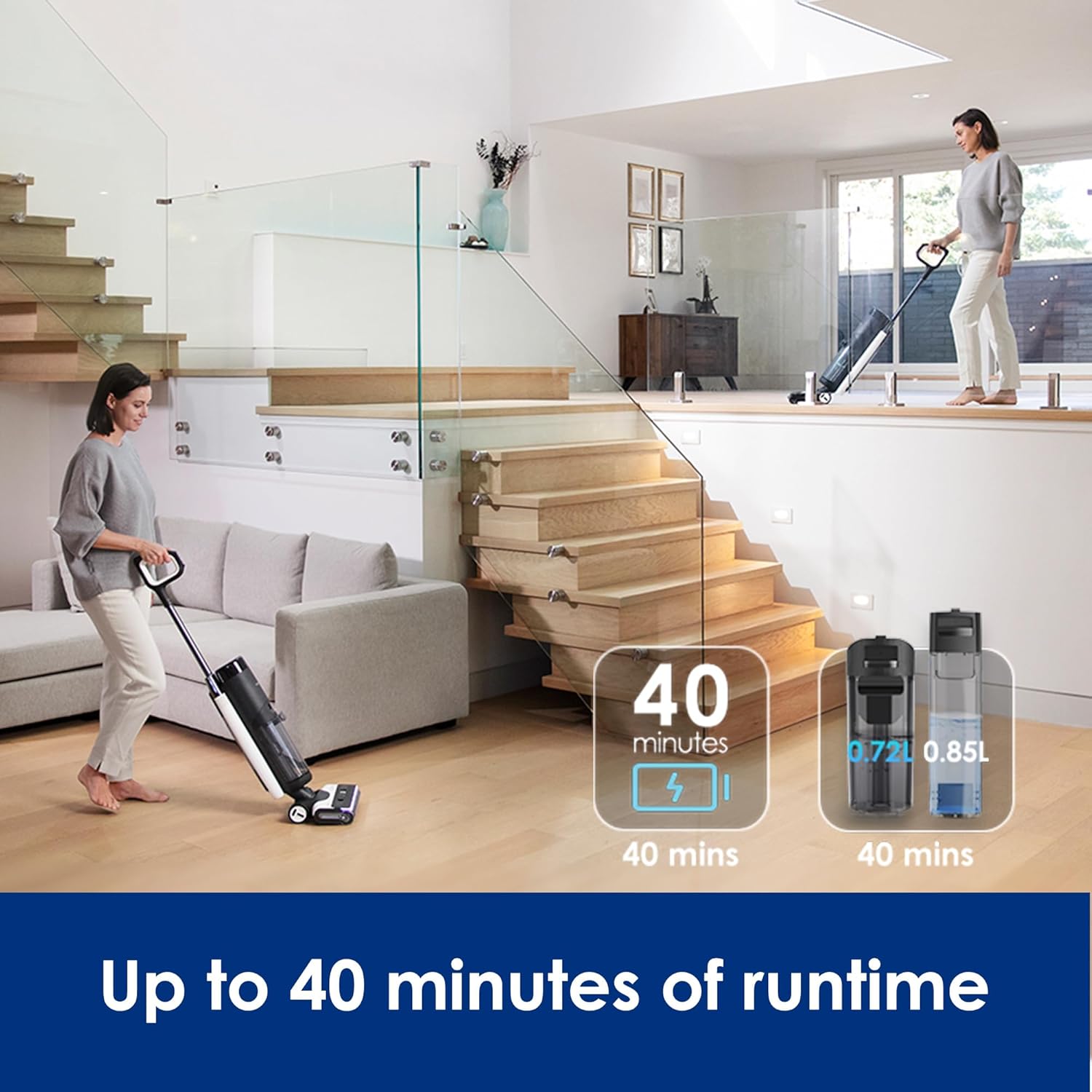 Tineco Floor ONE S7 Stretch Ultra Bezprzewodowy Odkurzacze na sucho i mokro, zapobiegająca splątaniu 180°, czas pracy 50 minut, samooczyszczanie Flashdry 85℃, dwustronne czyszczenie krawędzi