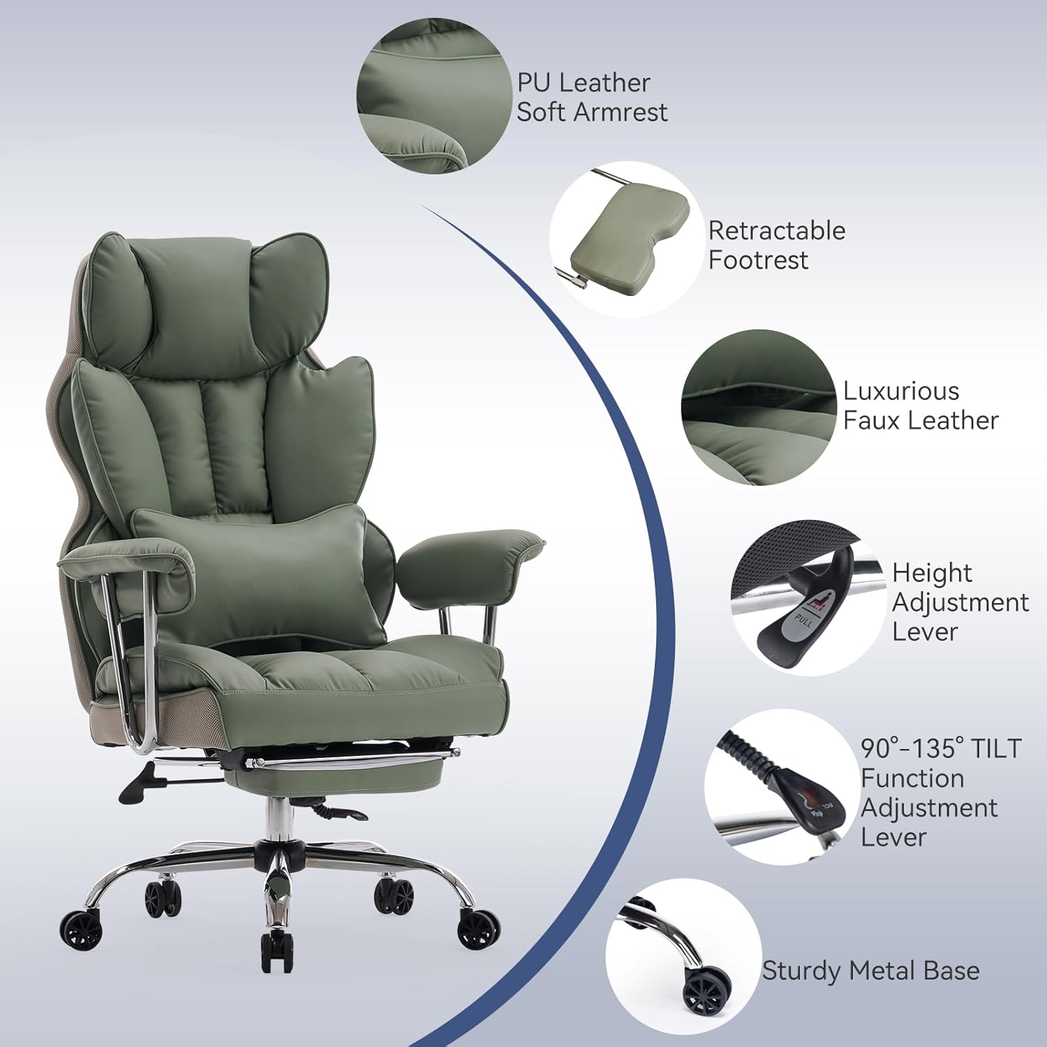 Efomao ergonomiczny fotel biurowy, krzesło kierownicze z PU skóry, fotel biurowy do 200 kg z podnóżkiem i podpórką lędźwiową, regulowane krzesło z wysokim oparciem