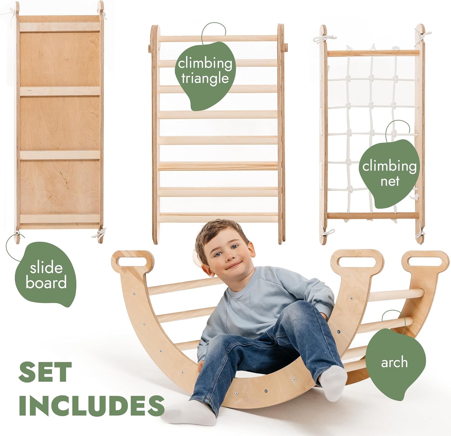 Zestaw wspinaczkowy 5 w 1 Montessori - drewniana siłownia z trójkątną drabinką i łukiem oraz rampą wspinaczkową, siatką i poduszką - rama wspinaczkowa dla maluchów w wieku 1-7 lat w rozmiarze XL