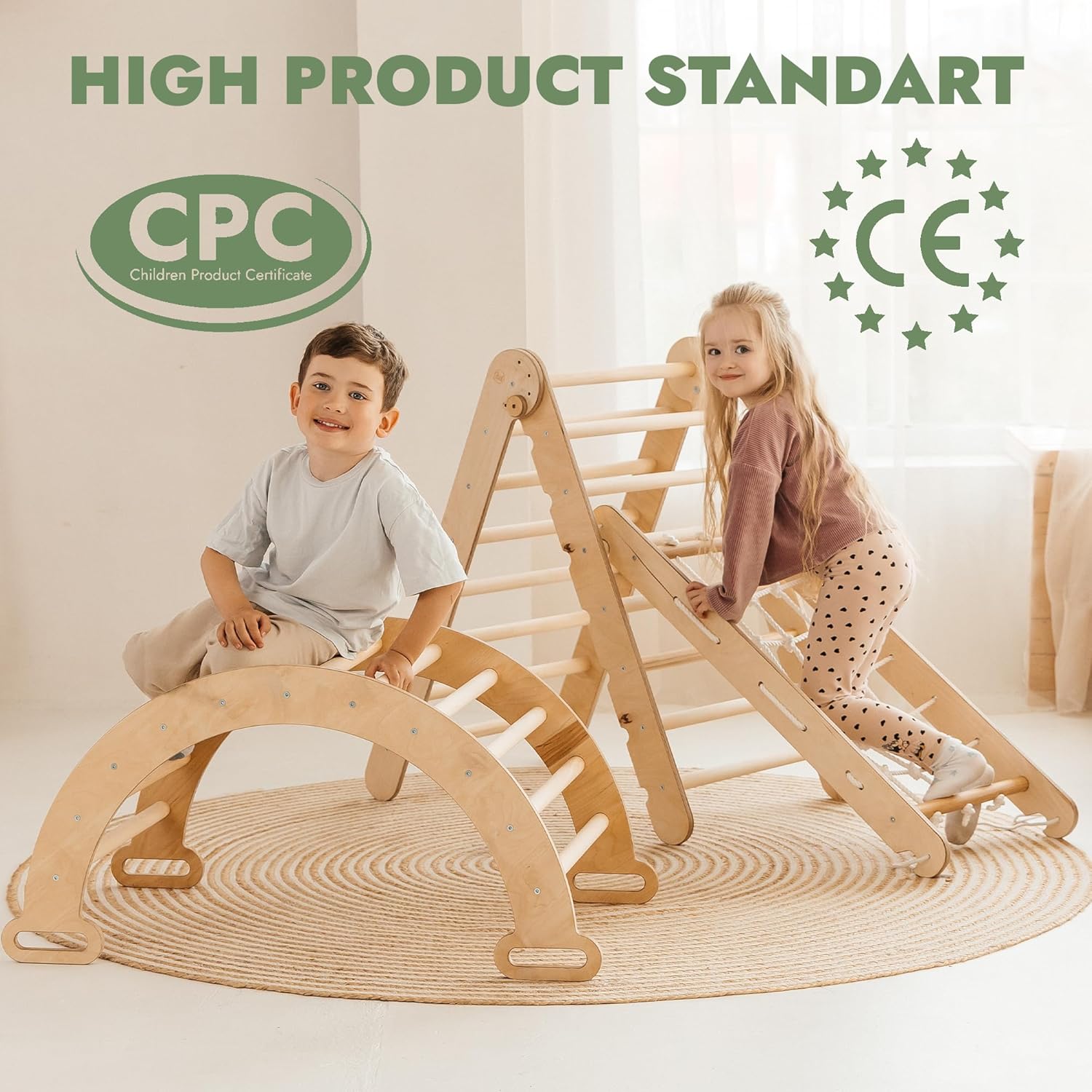 Zestaw wspinaczkowy 5 w 1 Montessori - drewniana siłownia z trójkątną drabinką i łukiem oraz rampą wspinaczkową, siatką i poduszką - rama wspinaczkowa dla maluchów w wieku 1-7 lat w rozmiarze XL