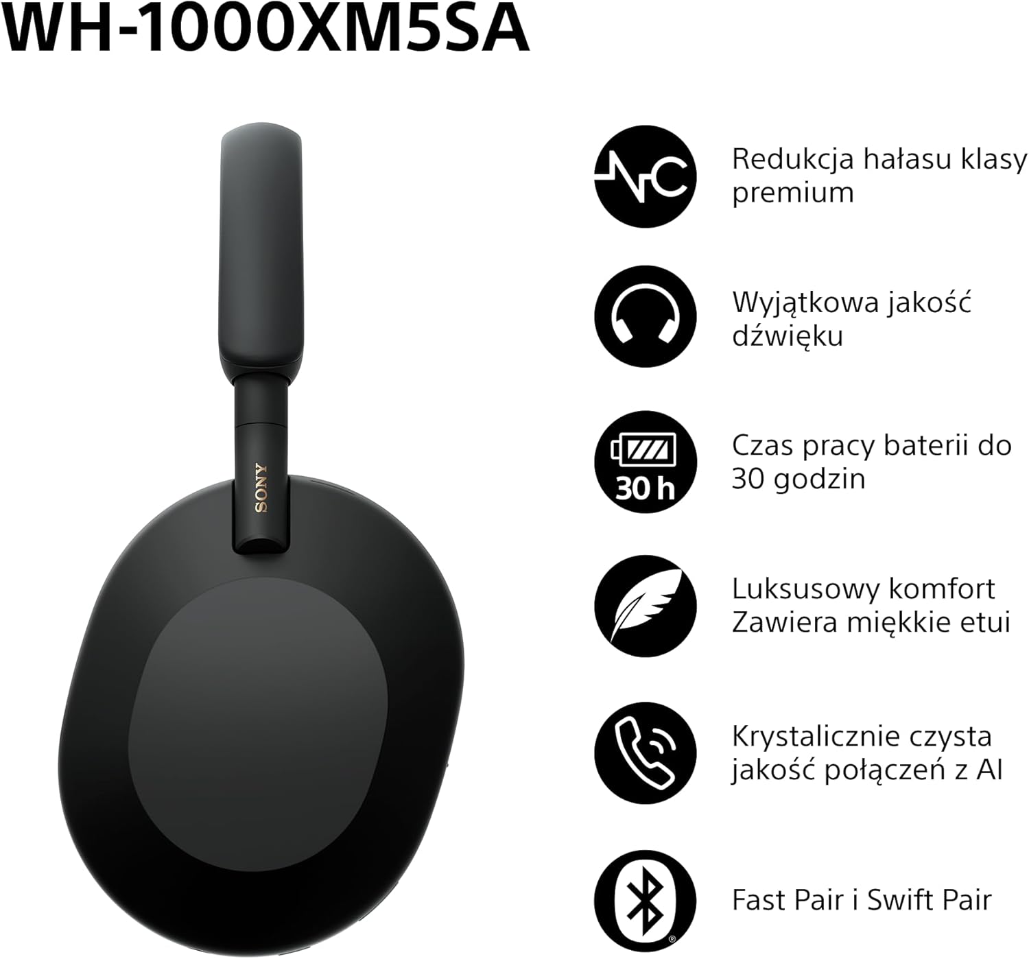 Sony WH-1000XM5 ANC Bezprzewodowe Słuchawki Nausze Z Redukcją Hałasu, Bluetooth, Clear Call Quality, Hi-Res, Do 30H Baterii, Szybkie Ładowanie, Alexa And Google Assistant, Ios And Android - Czarne