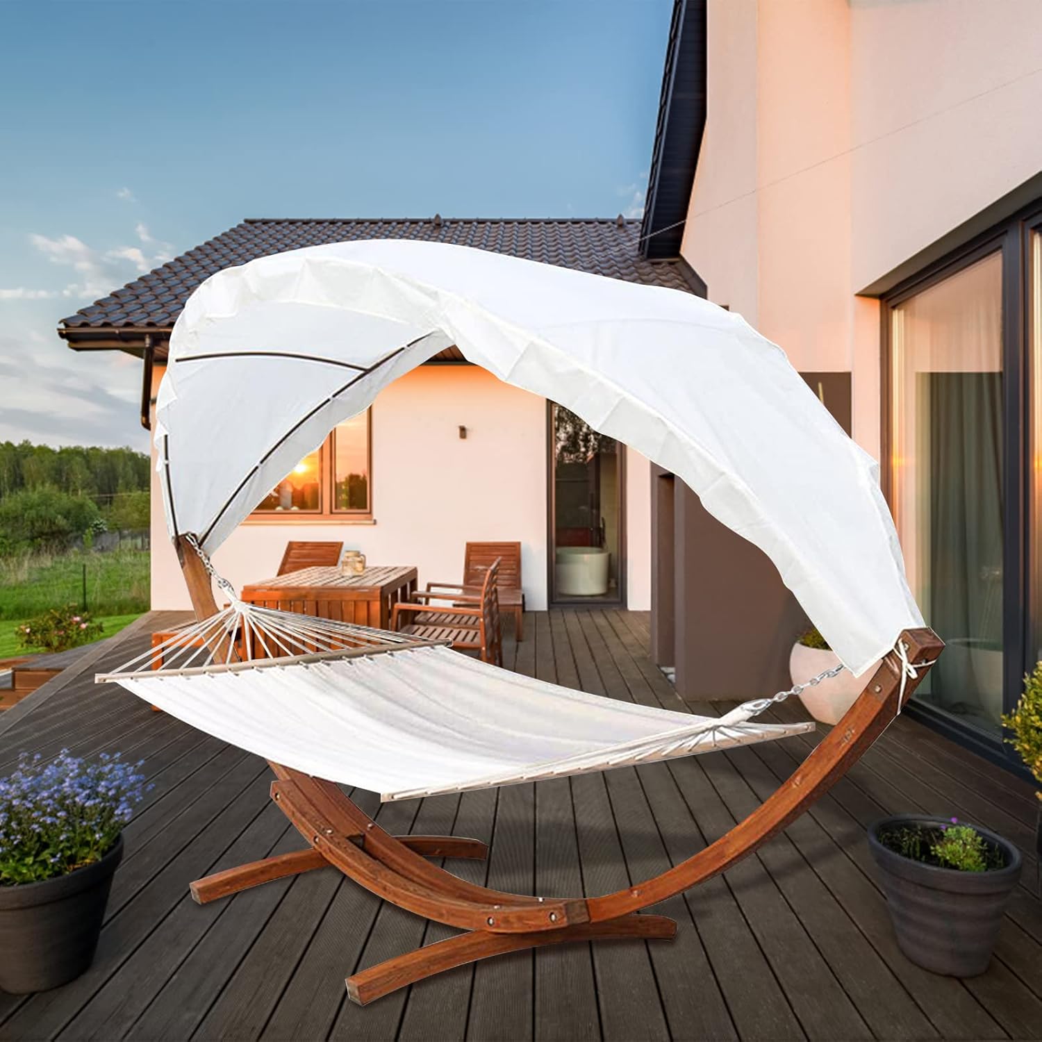 Tubiaz Hamaki ze stelażem, do użytku na zewnątrz, drewniane, 200 x 150 cm, hamak z dachem, nośność 200 kg, na kemping, do ogrodu, na plażę, balkon, fotel wiszący dla 2 osób