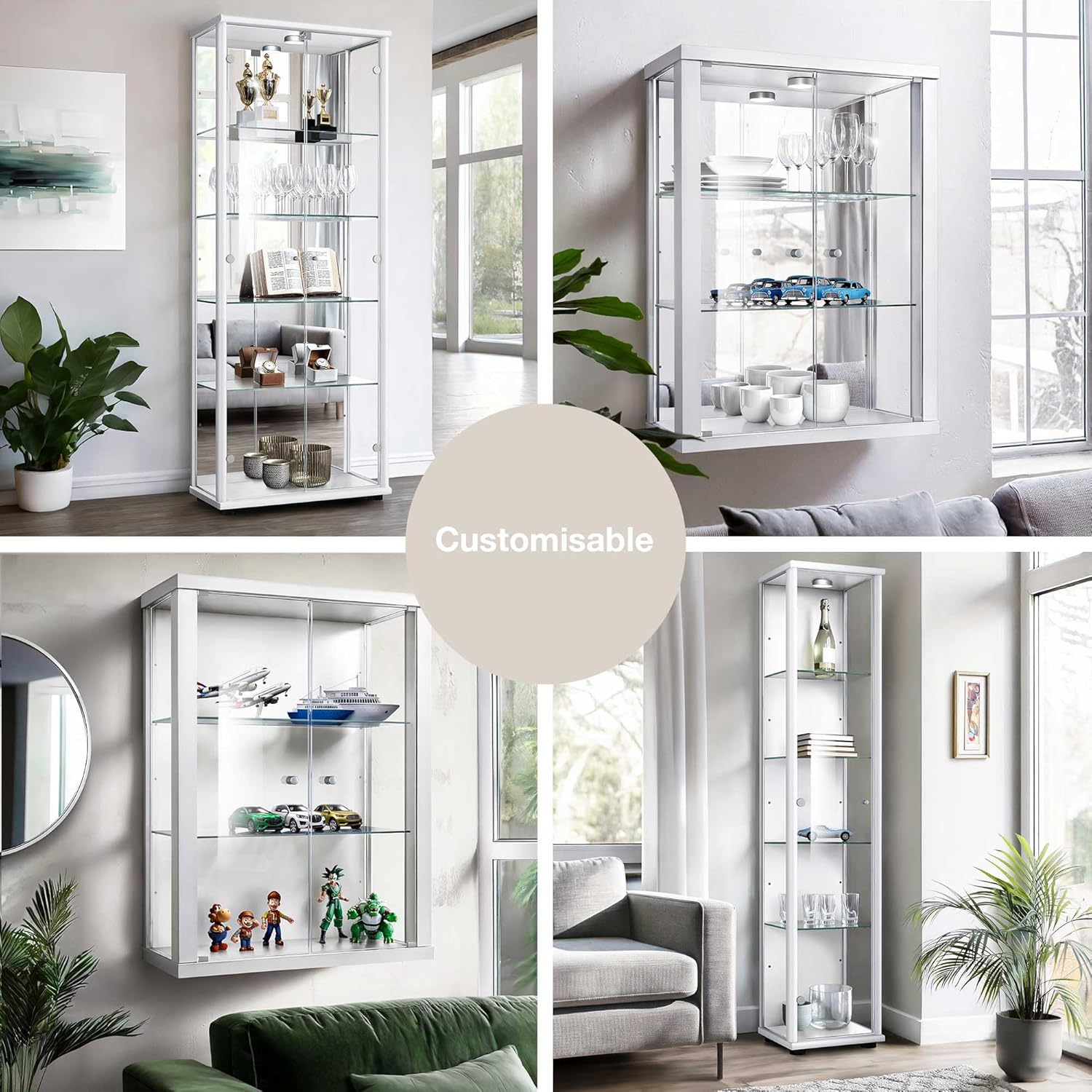 K-Möbel witryna ścienna (80x60x25cm) – Wyprodukowana w Niemczech – Wisząca witryna szklana z 2 regulowanymi półkami z ESG, lustrem i oświetleniem LED w kolorze czarnym Szafka z przeszklonymi drzwiami