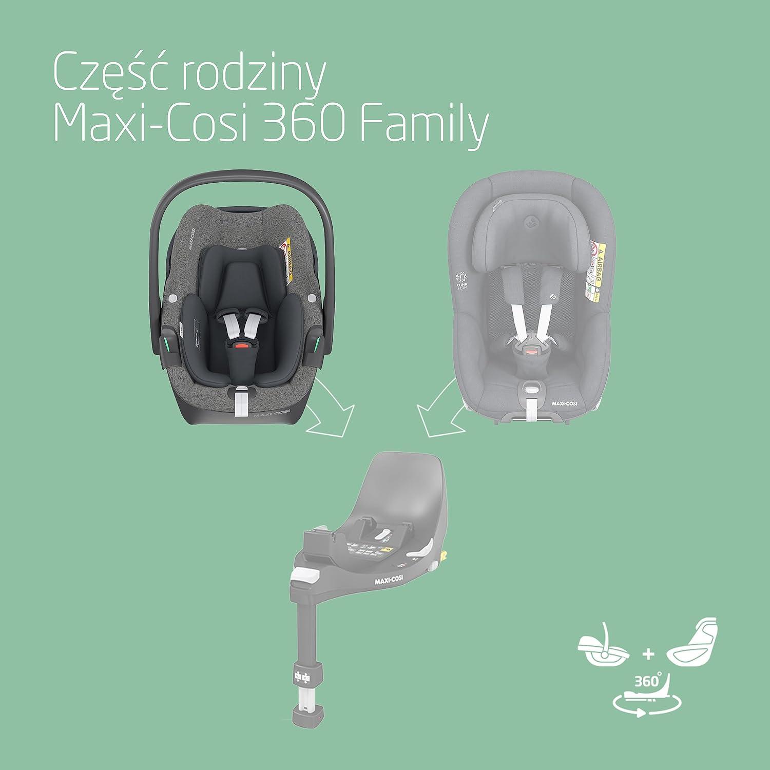 Maxi-Cosi Pearl 360 dla niemowlaka i-Size, Fotelik samochodowy obrotowy 360, od 3 miesięcy do 4 lat (61–105 cm), Obracanie jedną ręką, ClimaFlow, Uprząż z systemem Easy-In, G-CELL, Authentic Graphite