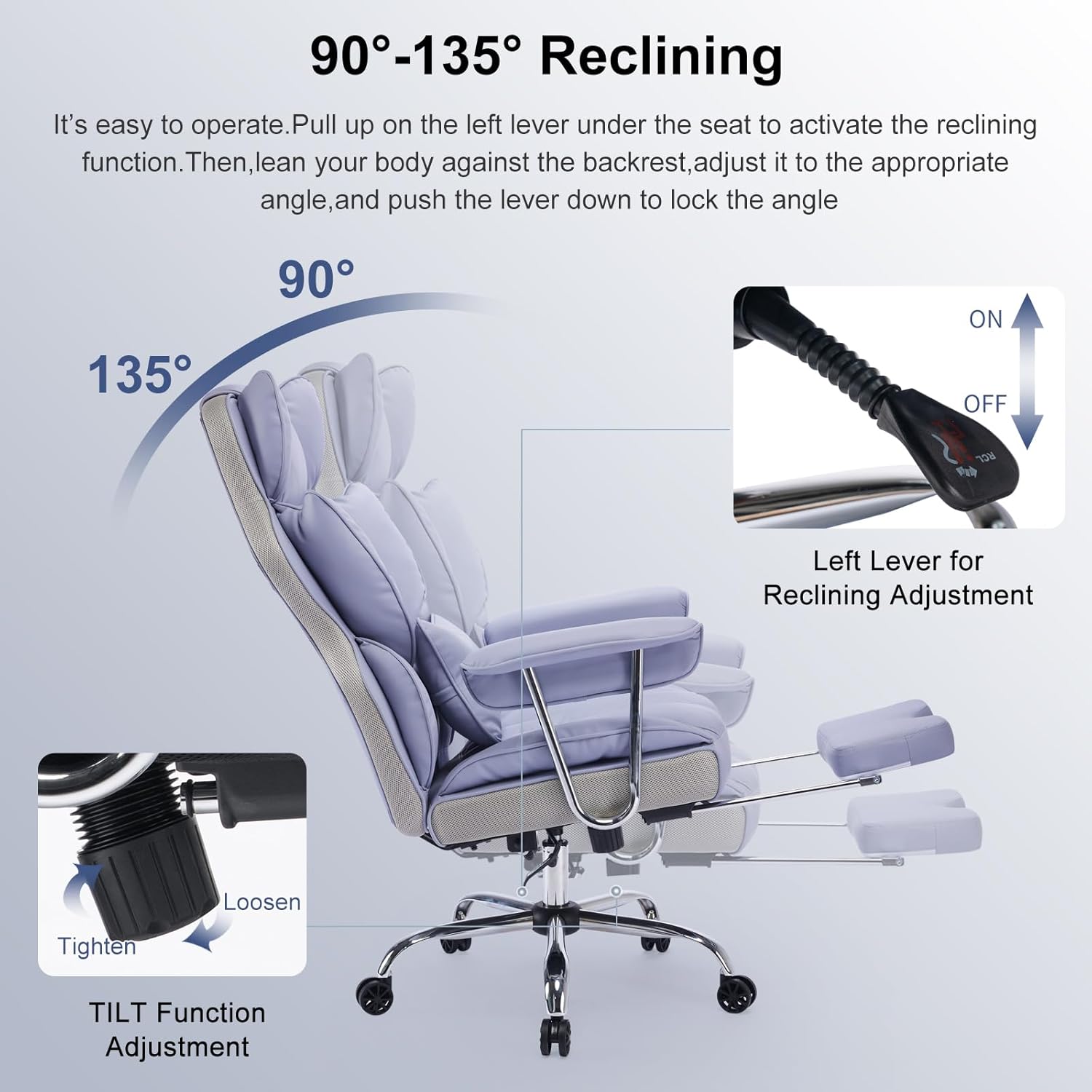 Efomao ergonomiczny fotel biurowy, krzesło kierownicze z PU skóry, fotel biurowy do 200 kg z podnóżkiem i podpórką lędźwiową, regulowane krzesło z wysokim oparciem